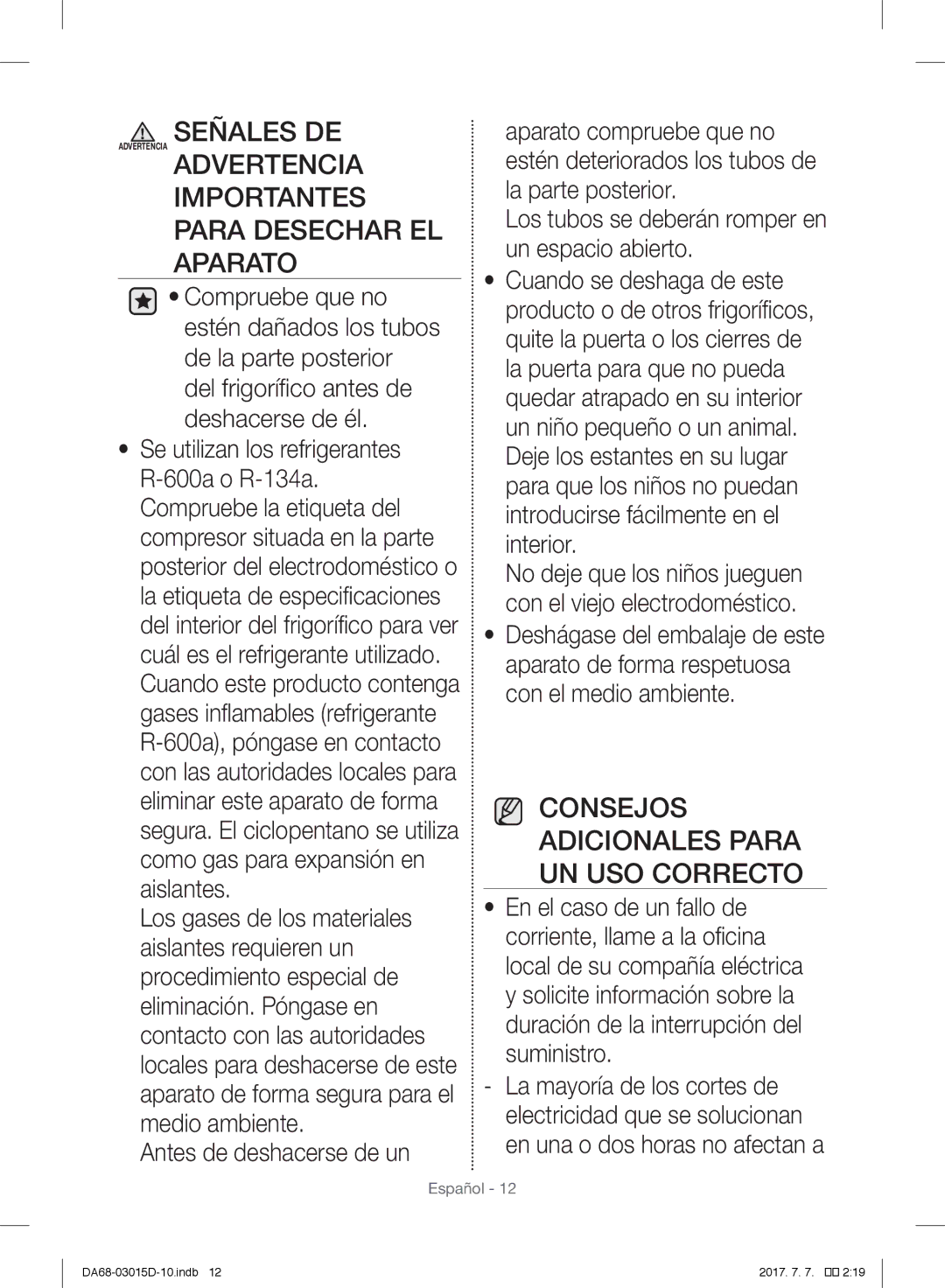 Samsung RH57H90507F/EF, RH57H90507F/EO Importantes Para Desechar EL Aparato, Consejos Adicionales Para UN USO Correcto 