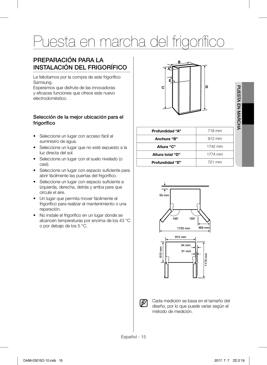 Samsung S24CHPSGQN/CAF, RH57H90507F/EO Puesta en marcha del frigorífico, Preparación Para LA Instalación DEL Frigorífico 