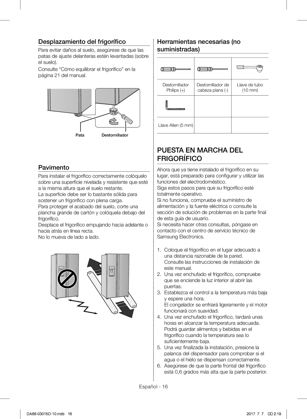 Samsung RH60H8160SL/ES, RH57H90507F/EO, S24CHPSGQN/XEF Puesta EN Marcha DEL Frigorífico, Desplazamiento del frigorífico 