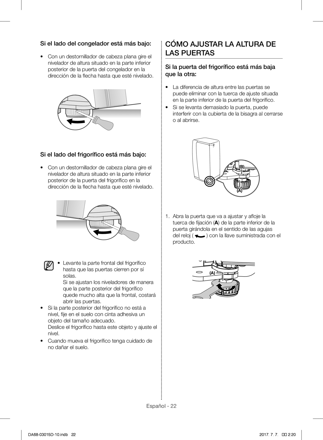 Samsung S24CHVSGQN/XEC, RH57H90507F/EO manual Cómo Ajustar LA Altura DE LAS Puertas, Si el lado del congelador está más bajo 