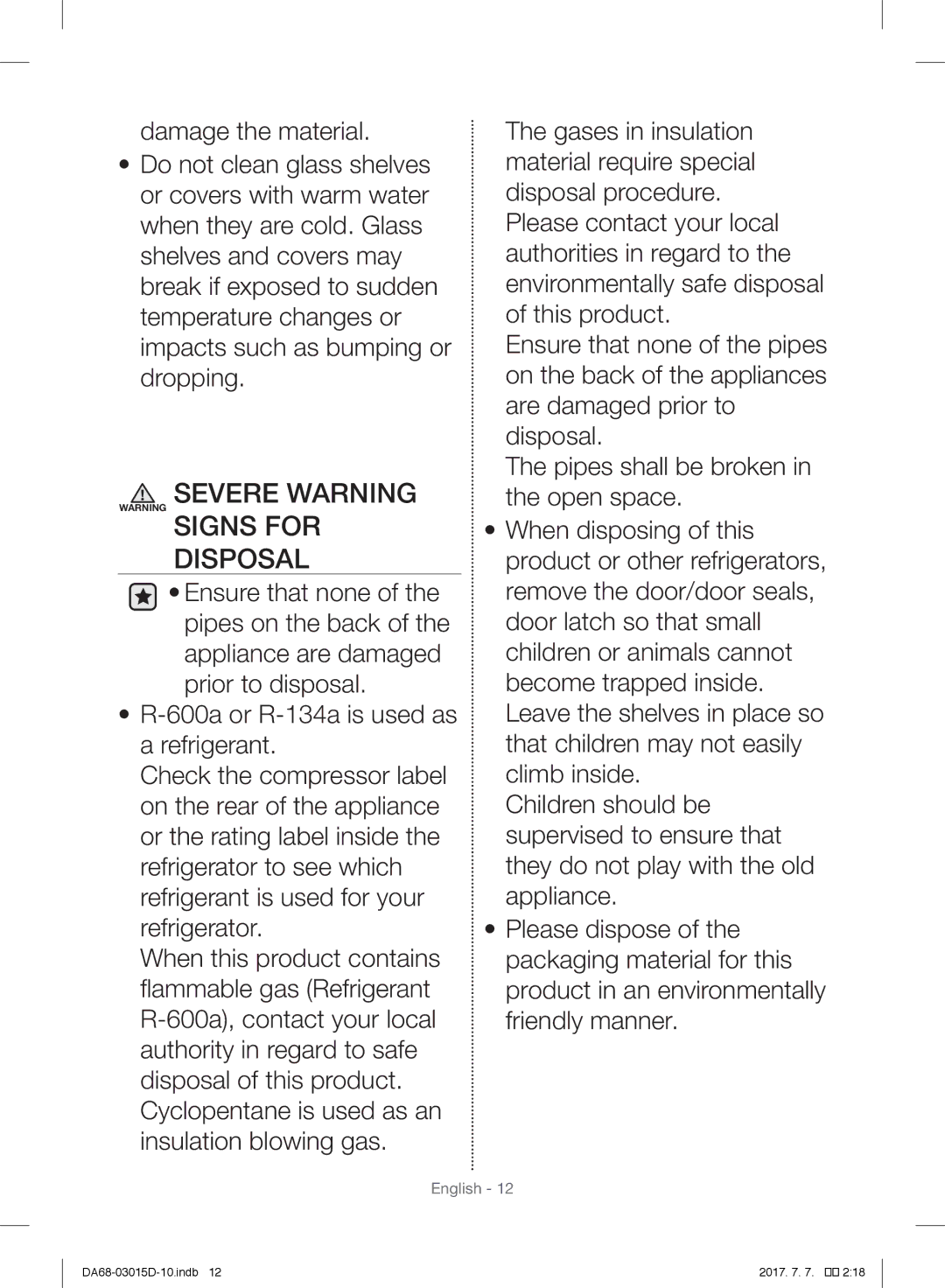 Samsung RH57H8030SL/ES, RH57H90507F/EO, S24CHPSGQN/XEF, S24CHVSGQN/XEF manual Severe Warning Warning Signs for Disposal 