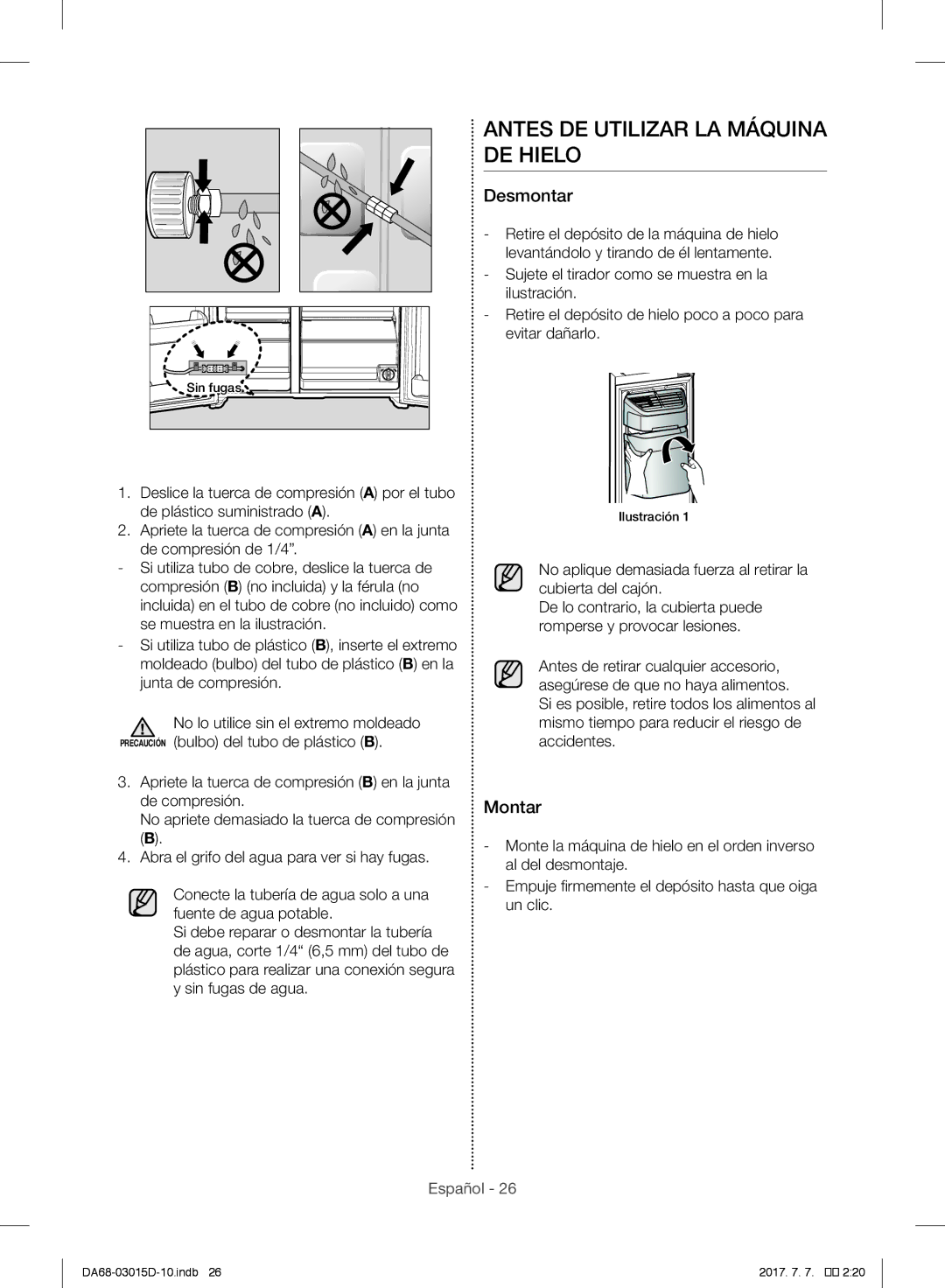 Samsung S24CHVSGQN/XEF, RH57H90507F/EO, S24CHPSGQN/XEF manual Antes DE Utilizar LA Máquina DE Hielo, Desmontar, Montar 