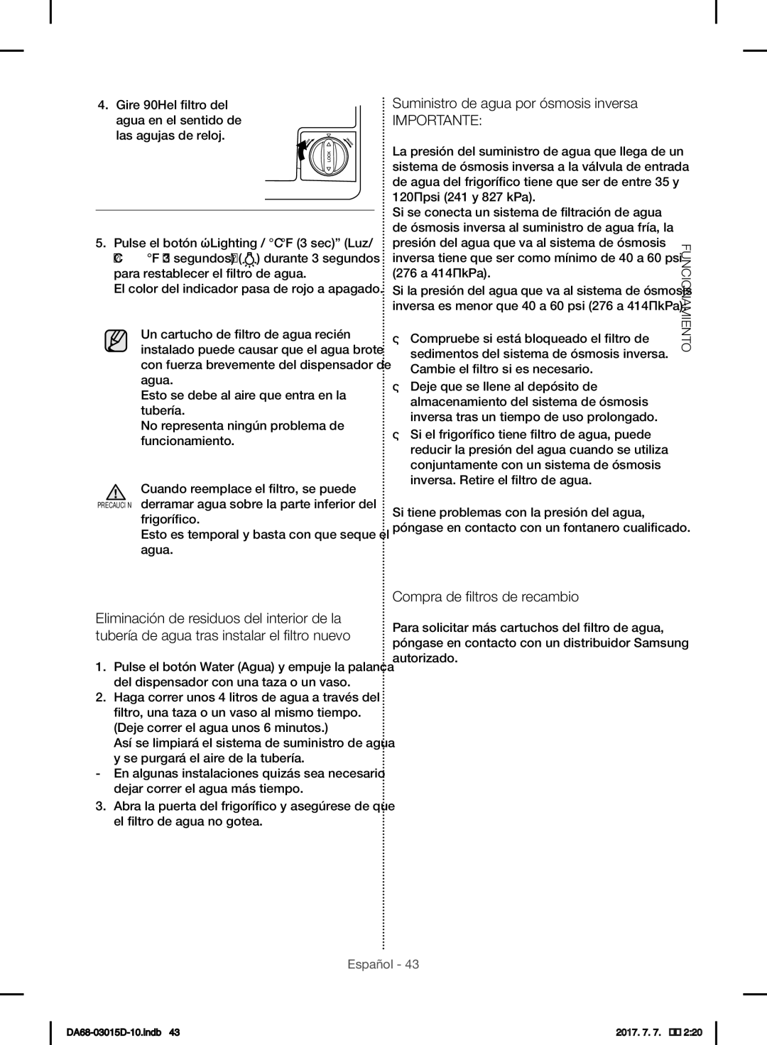 Samsung S24CHVSGQN/XEN, RH57H90507F/EO manual Suministro de agua por ósmosis inversa, Compra de filtros de recambio 