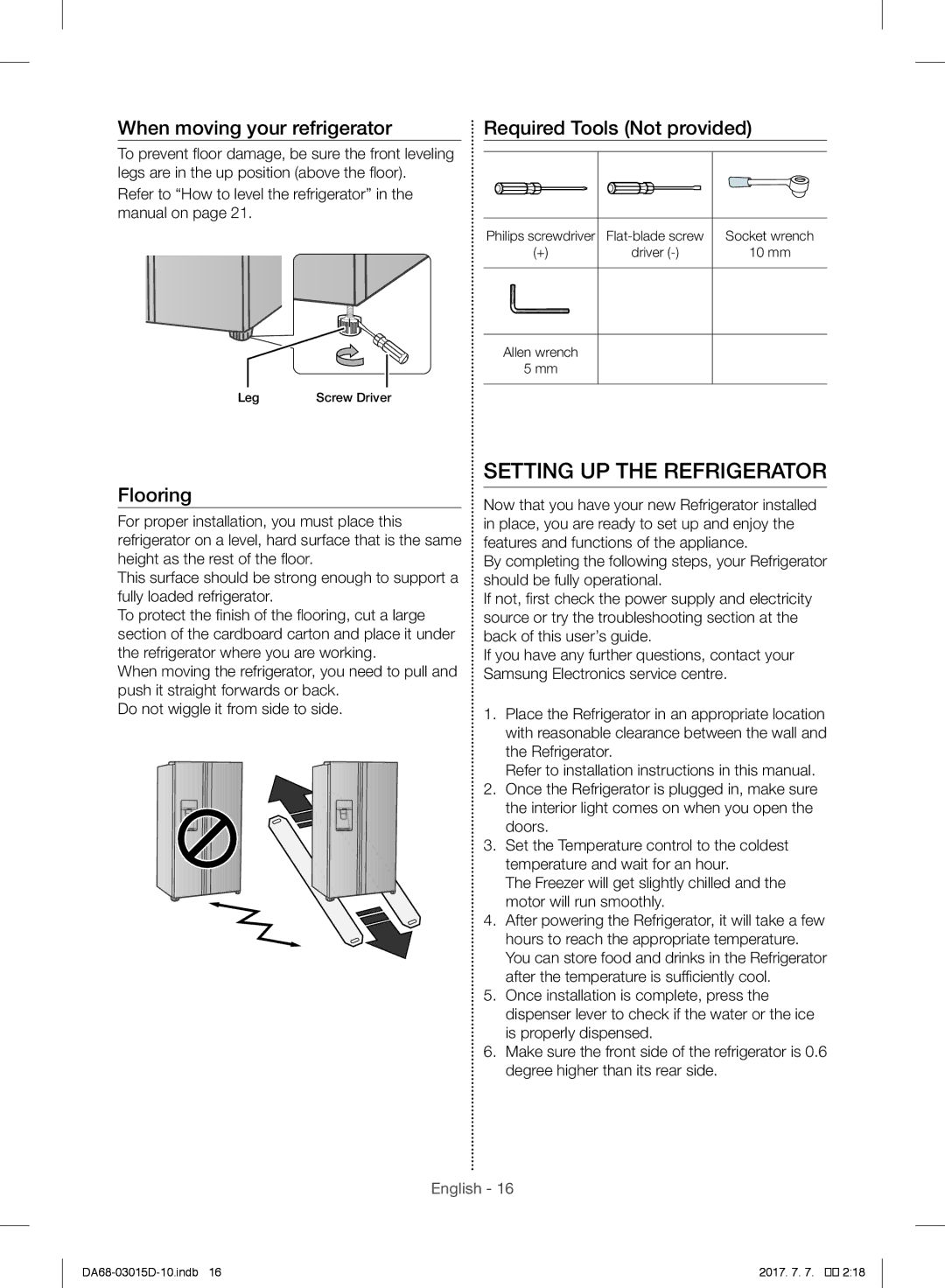 Samsung S24CHPSGQN/XEF Setting UP the Refrigerator, When moving your refrigerator Required Tools Not provided, Flooring 