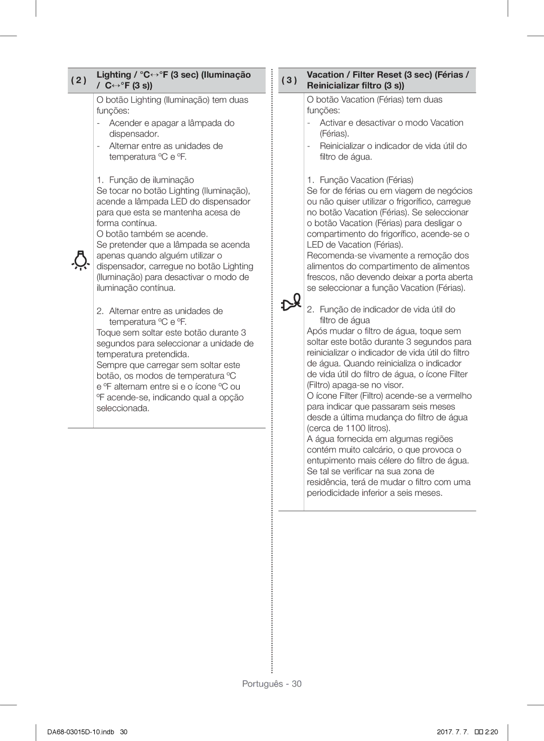 Samsung RH57H90707F/ES, RH57H90507F/EO, S24CHPSGQN/XEF Lighting / C↔F 3 sec Iluminação, ↔F 3 s Reinicializar filtro 3 s 