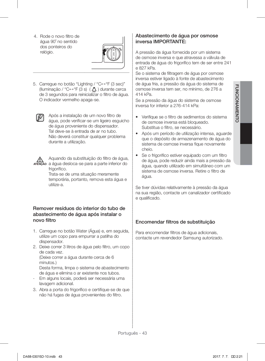 Samsung RH60H8160SL/ES manual Abastecimento de água por osmose inversa Importante, Encomendar filtros de substituição 