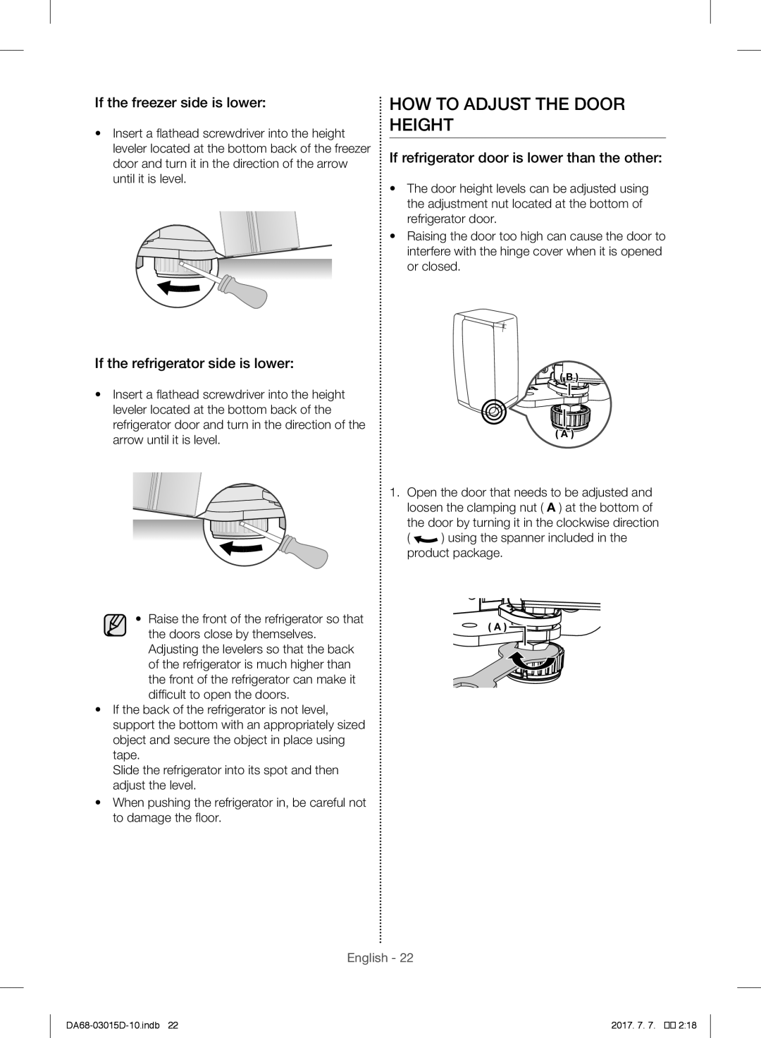 Samsung RH60H8160SL/ES HOW to Adjust the Door Height, If the freezer side is lower, If the refrigerator side is lower 