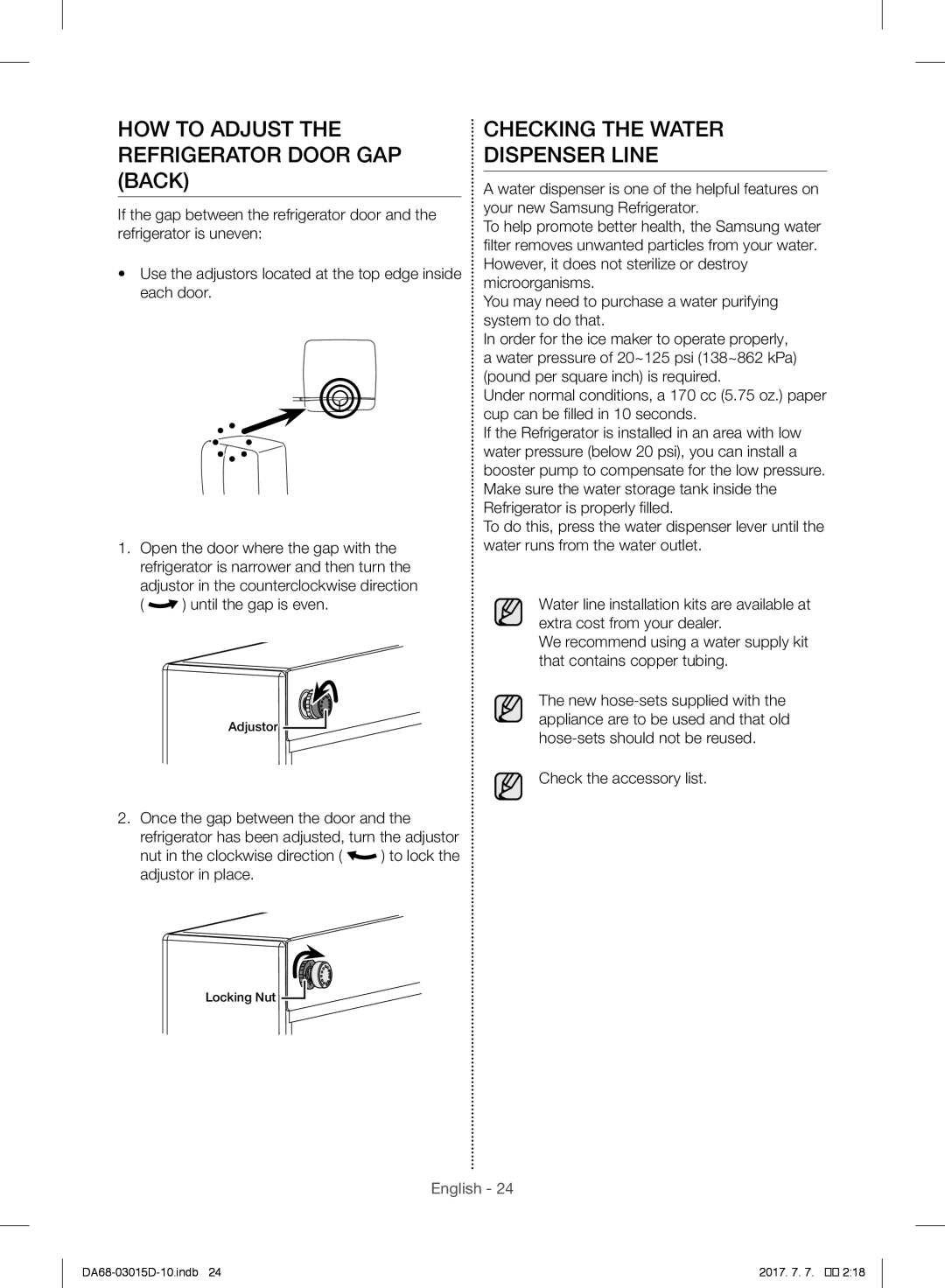 Samsung RH57H90707F/ES, RH57H90507F/EO HOW to Adjust the Refrigerator Door GAP Back, Checking the Water Dispenser Line 