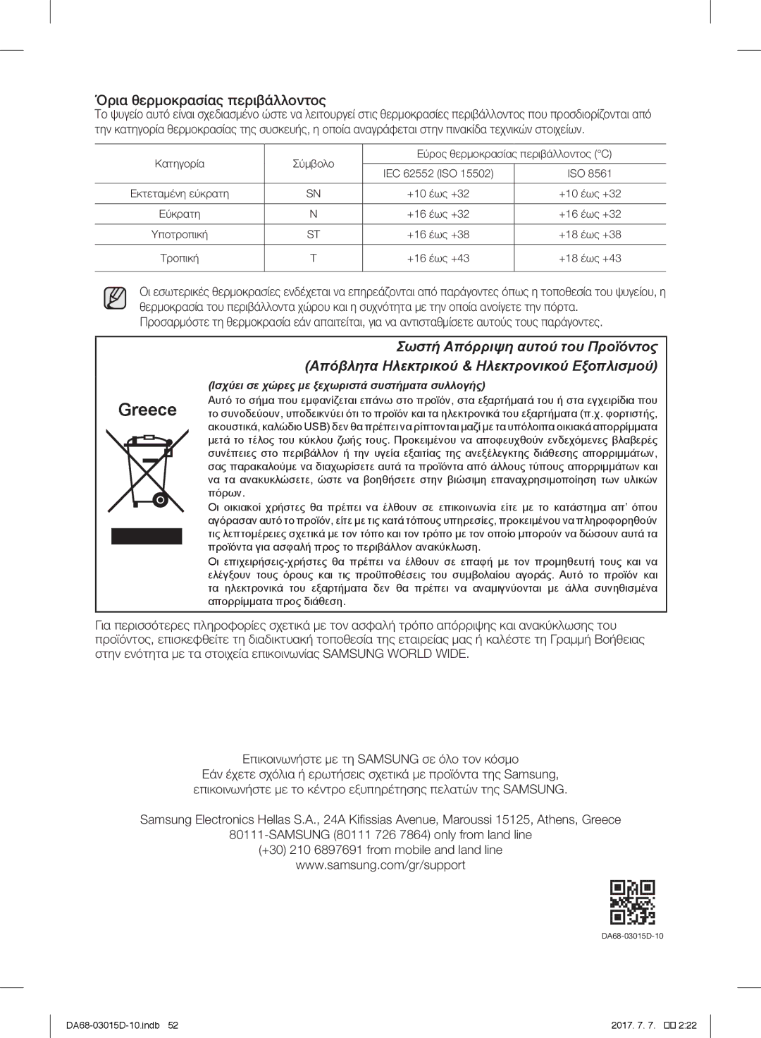 Samsung S24CHVSGQN/XEN, RH57H90507F/EO Όρια θερμοκρασίας περιβάλλοντος, Ισχύει σε χώρες με ξεχωριστά συστήματα συλλογής 