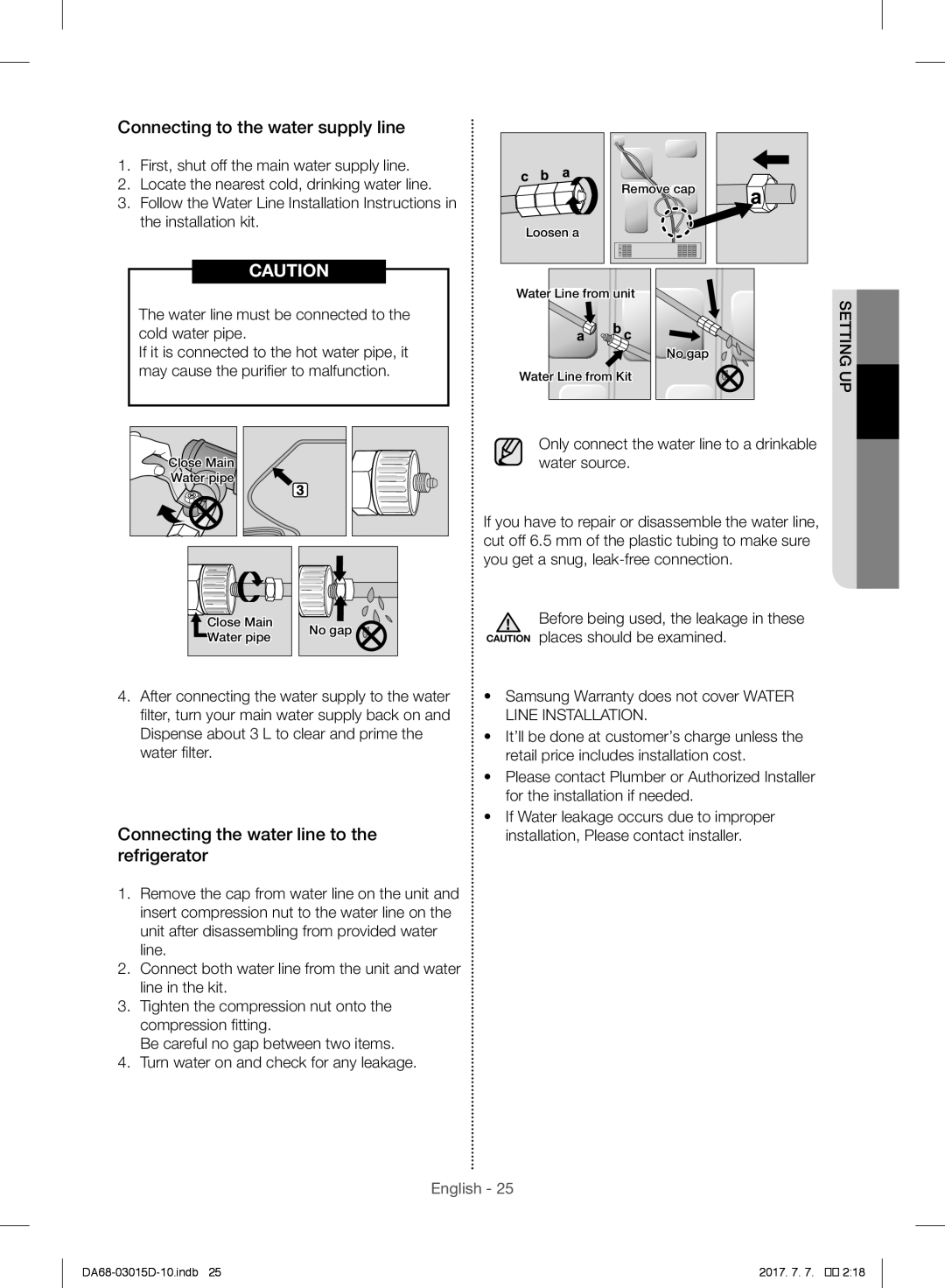 Samsung RH60H90207F/ES manual Connecting to the water supply line, Connecting the water line to the refrigerator, Setting 