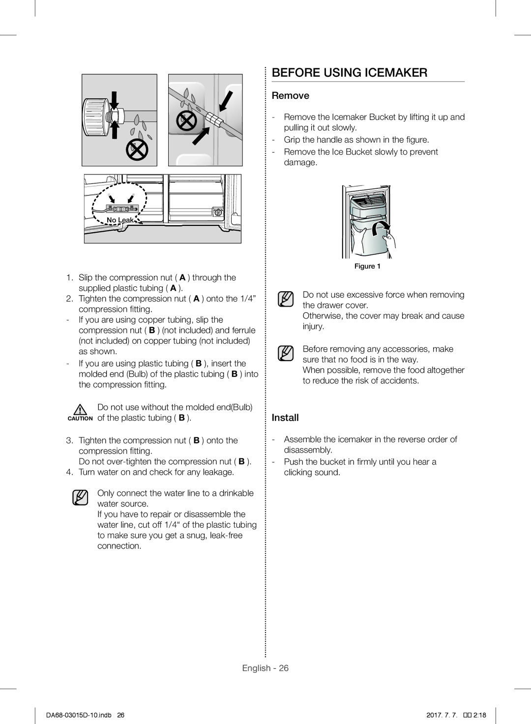 Samsung RH57H90507F/ES, RH57H90507F/EO, S24CHPSGQN/XEF, S24CHVSGQN/XEF, RH57H90507F/EF Before Using Icemaker, Remove, Install 