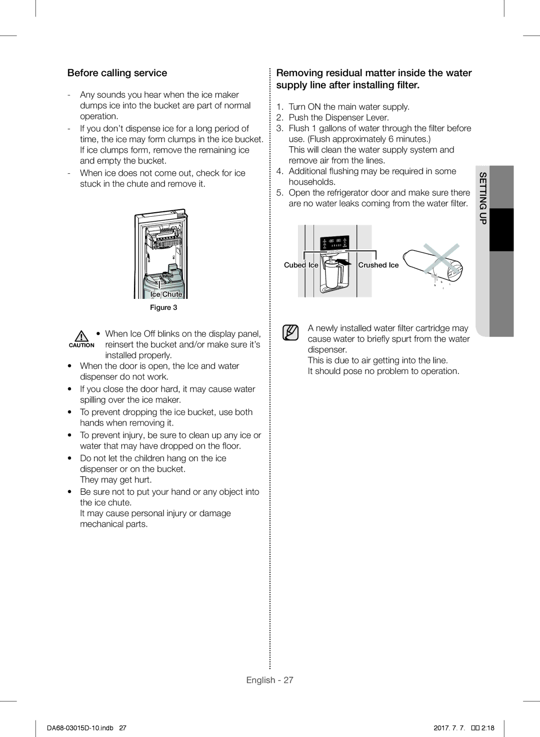 Samsung RH57H8030SL/ES, RH57H90507F/EO, S24CHPSGQN/XEF, S24CHVSGQN/XEF, RH57H90507F/EF Before calling service, Up setting 