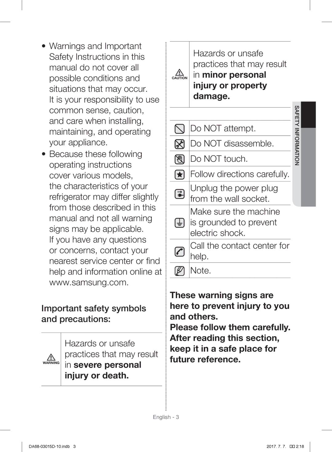 Samsung RH57H90507F/EF, RH57H90507F/EO, S24CHPSGQN/XEF, S24CHVSGQN/XEF, S24CHVSGQN/XEN manual Minor personal Injury or property 