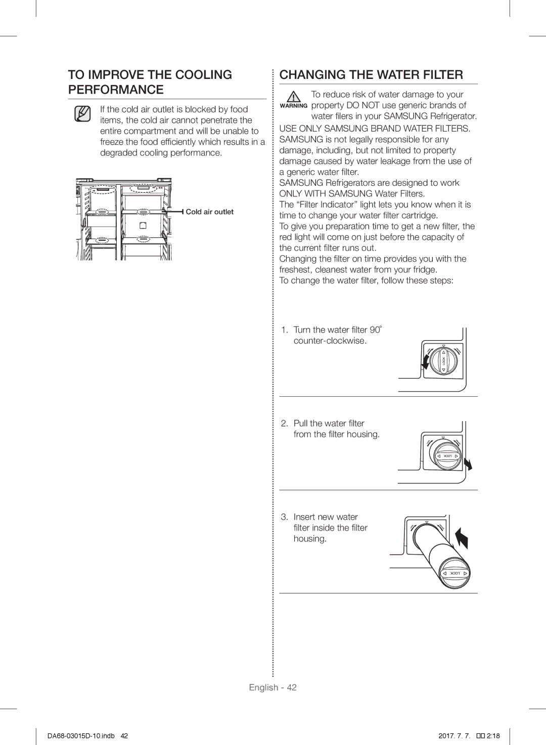 Samsung RH57H8030SL/ES, RH57H90507F/EO, S24CHPSGQN/XEF manual To Improve the Cooling Performance, Changing the Water Filter 