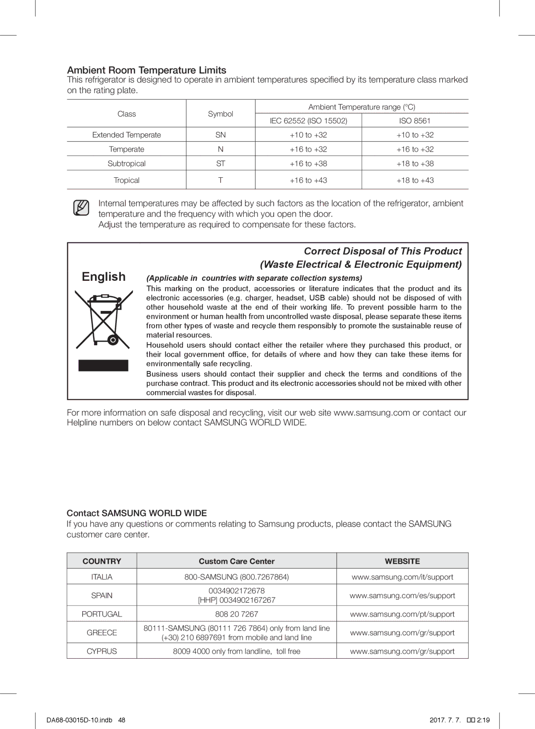 Samsung RH57H90507F/EF, RH57H90507F/EO, S24CHPSGQN/XEF, S24CHVSGQN/XEF manual Ambient Room Temperature Limits, Website 