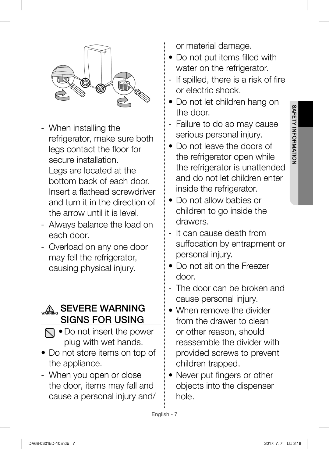 Samsung RH60H8160SL/ES, RH57H90507F/EO, S24CHPSGQN/XEF, S24CHVSGQN/XEF, RH57H90507F/EF Severe Warning Warning Signs for Using 