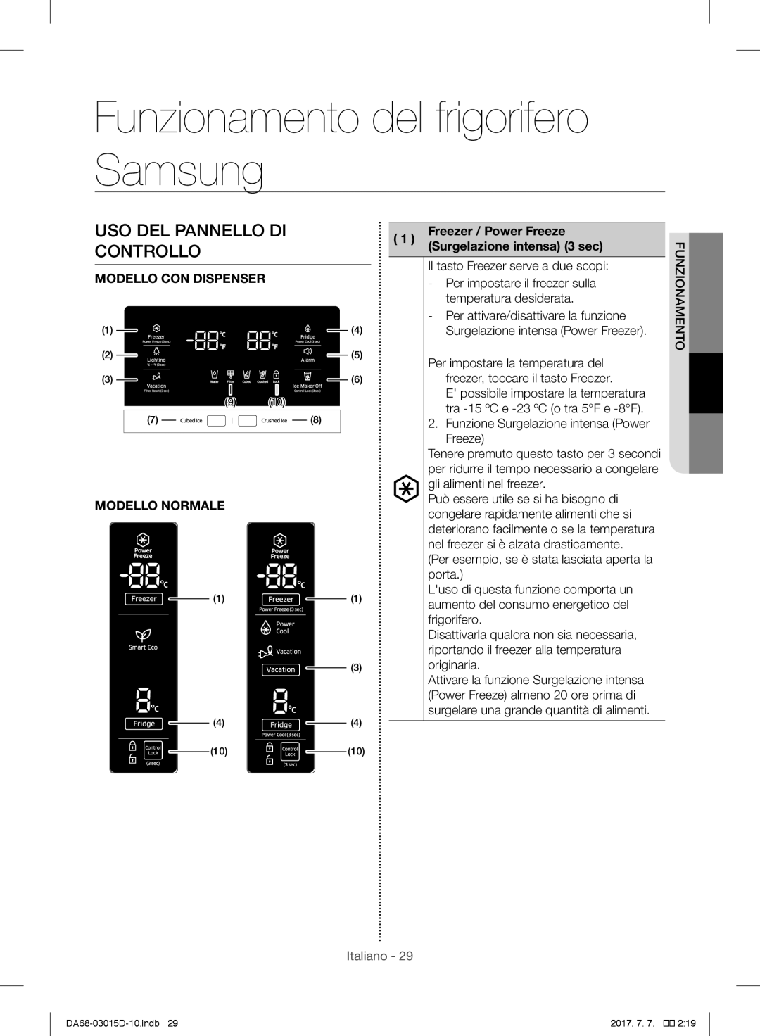 Samsung S24CHVSGQN/XEF manual Funzionamento del frigorifero Samsung, USO DEL Pannello DI, Controllo, Freezer / Power Freeze 