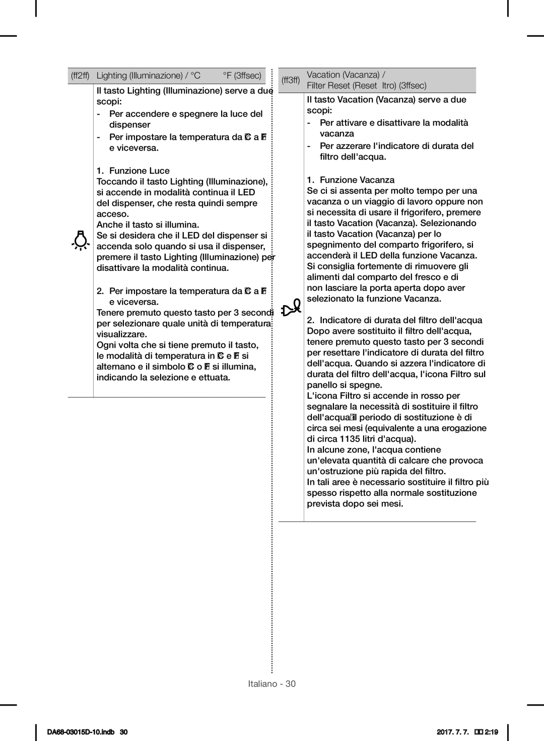 Samsung RH57H90507F/EF, RH57H90507F/EO, S24CHPSGQN/XEF, S24CHVSGQN/XEF Vacation Vacanza, Filter Reset Reset filtro 3 sec 