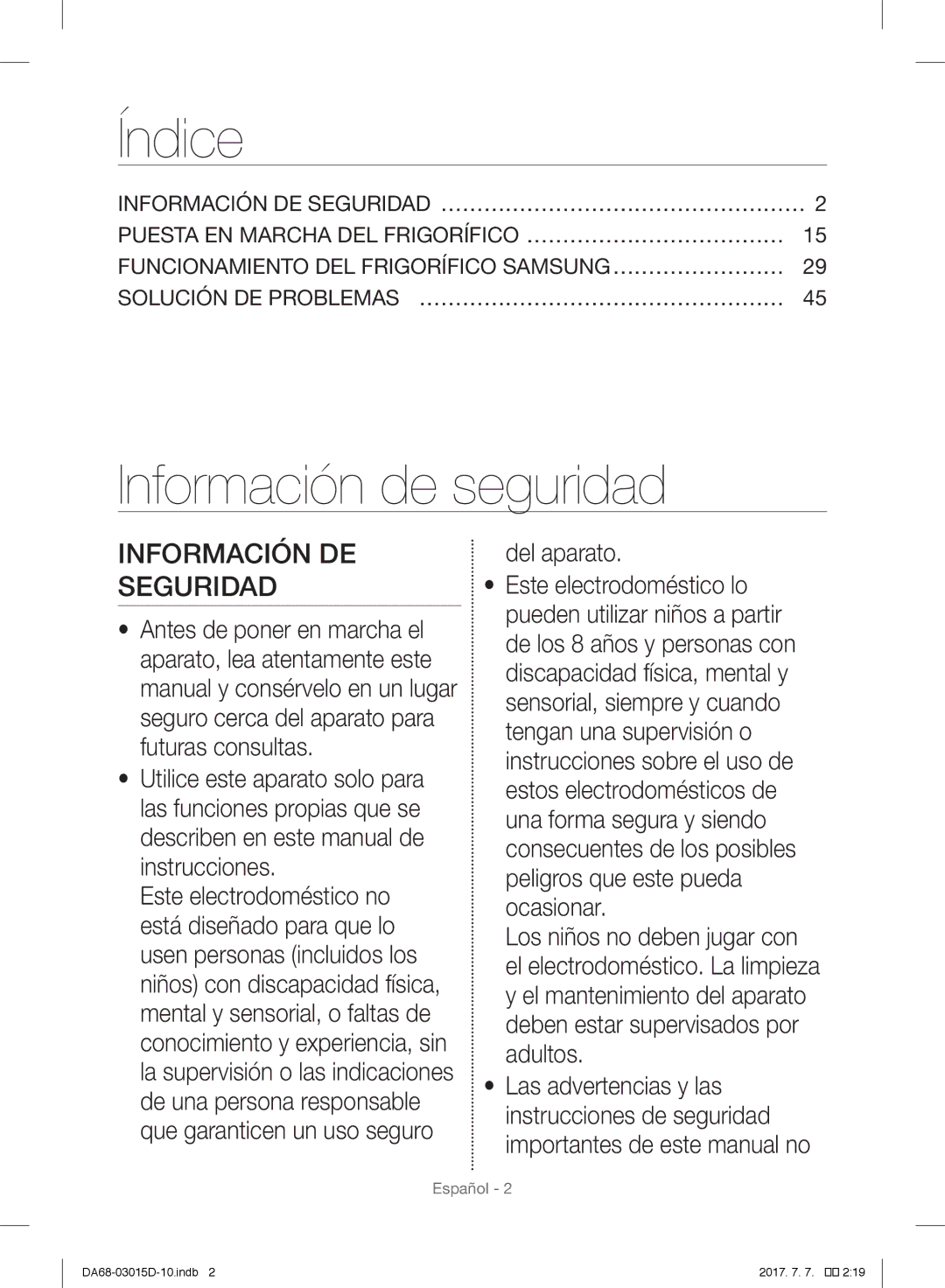 Samsung RH57H90M07F/ES, RH57H90507F/EO manual Índice, Información de seguridad, Información DE Seguridad, Del aparato 