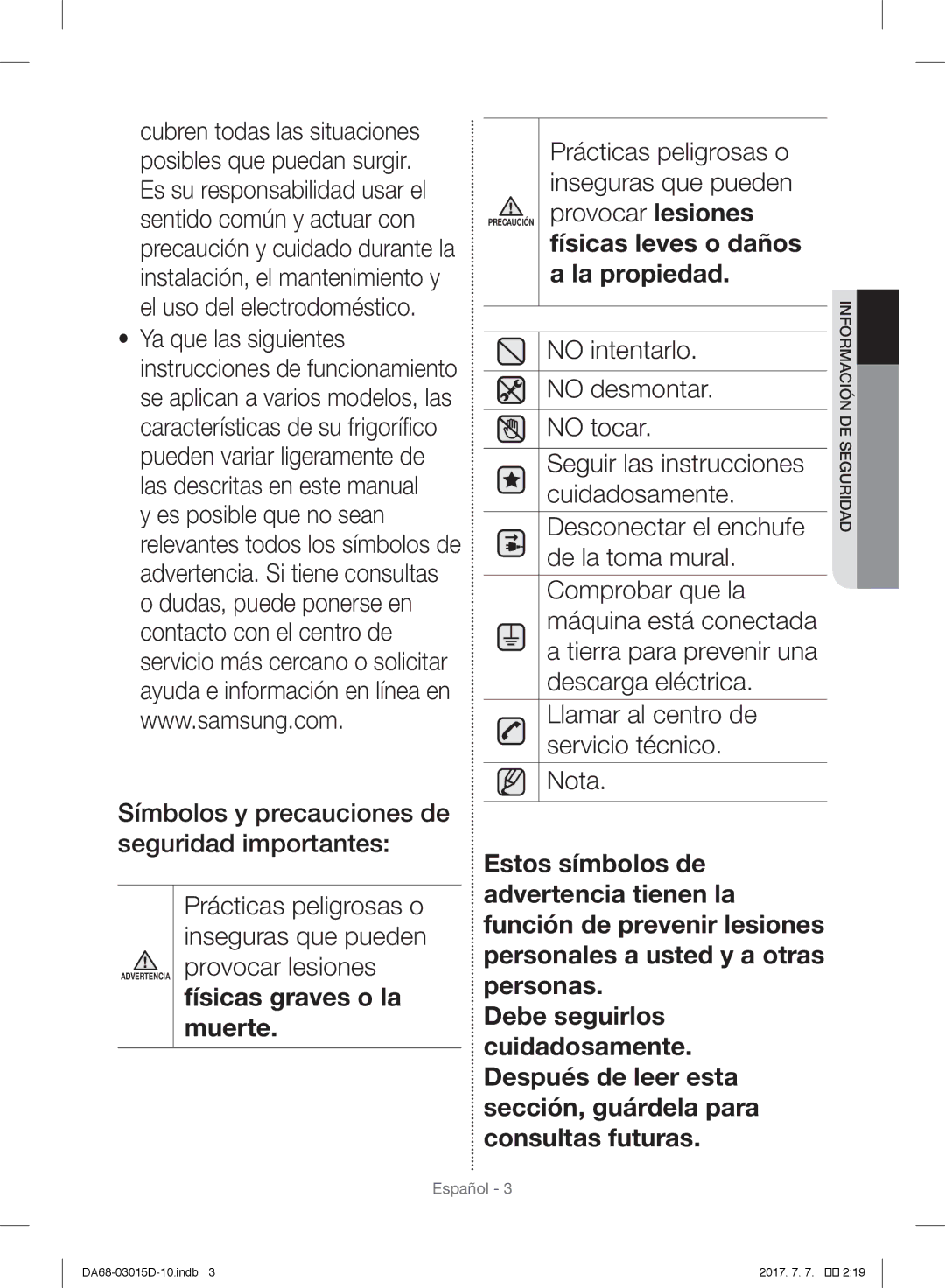 Samsung RH57H90707F/ES manual Inseguras que pueden, Provocar lesiones, No desmontar No intentarlo No tocar, Deseguridad 