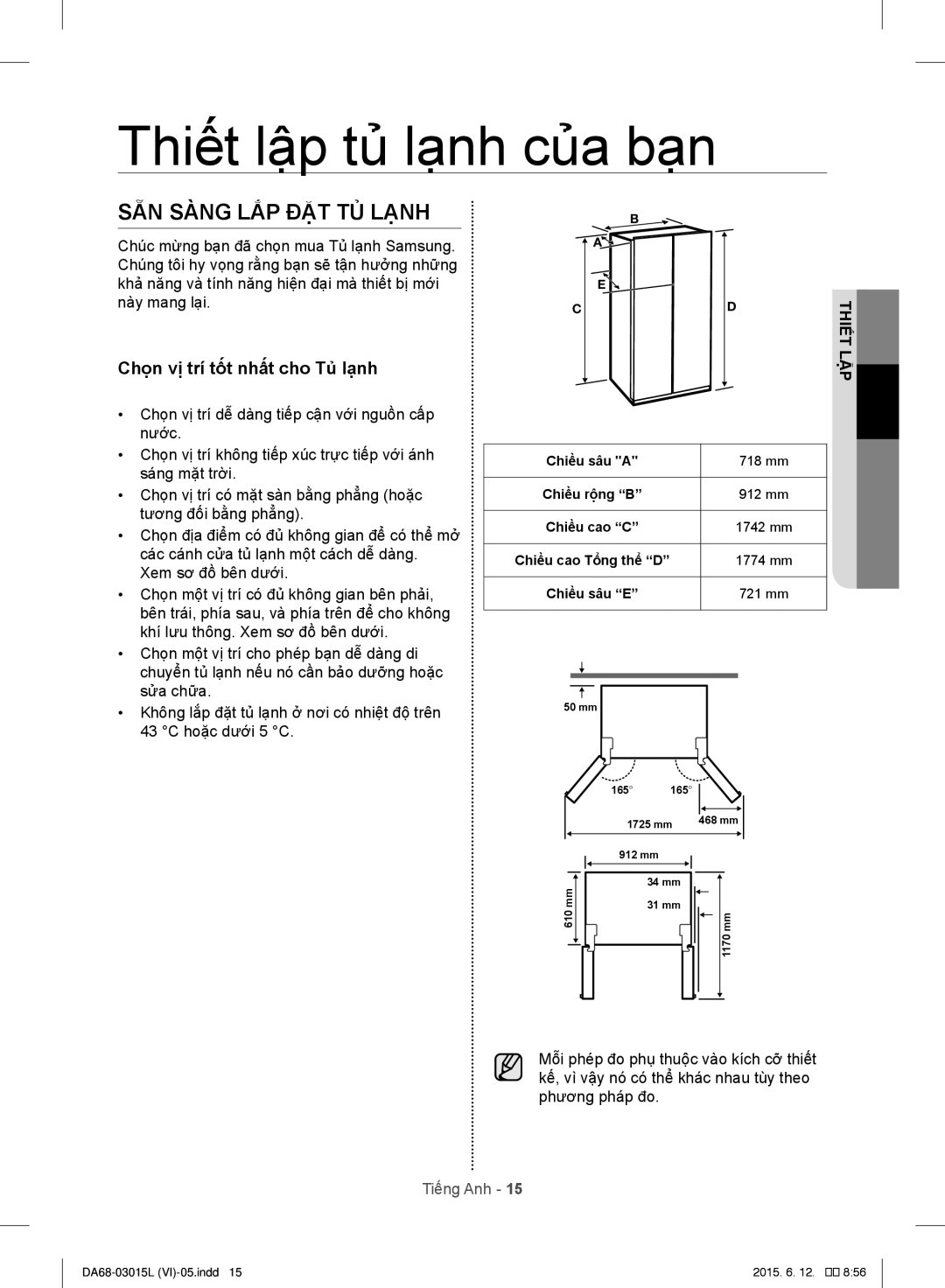 Samsung RH57H90507H/SV, RH57H80307H/SV, RH60H8130WZ/SV manual SẴN Sàng LẮP ĐẶT TỦ Lạnh, Chọn vị trí tốt nhất cho Tủ lạnh 