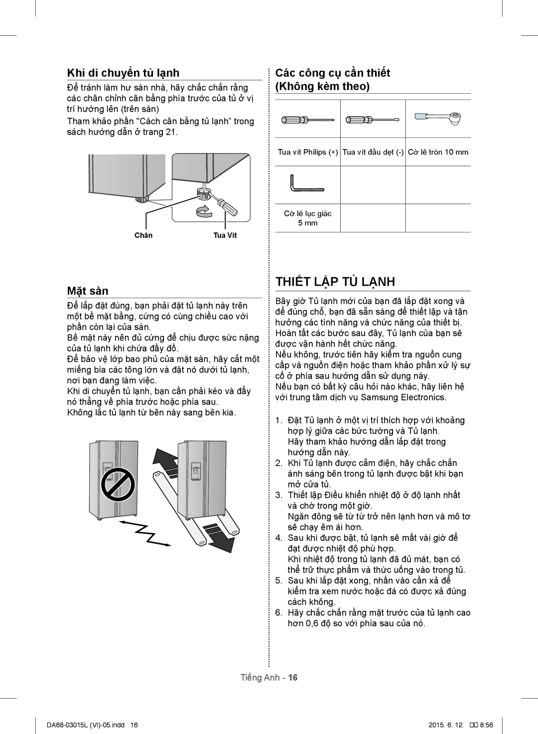 Samsung RH57H80307H/SV, RH57H90507H/SV, RH60H8130WZ/SV manual Thiết LẬP TỦ Lạnh, Khi di chuyển tủ lạnh 