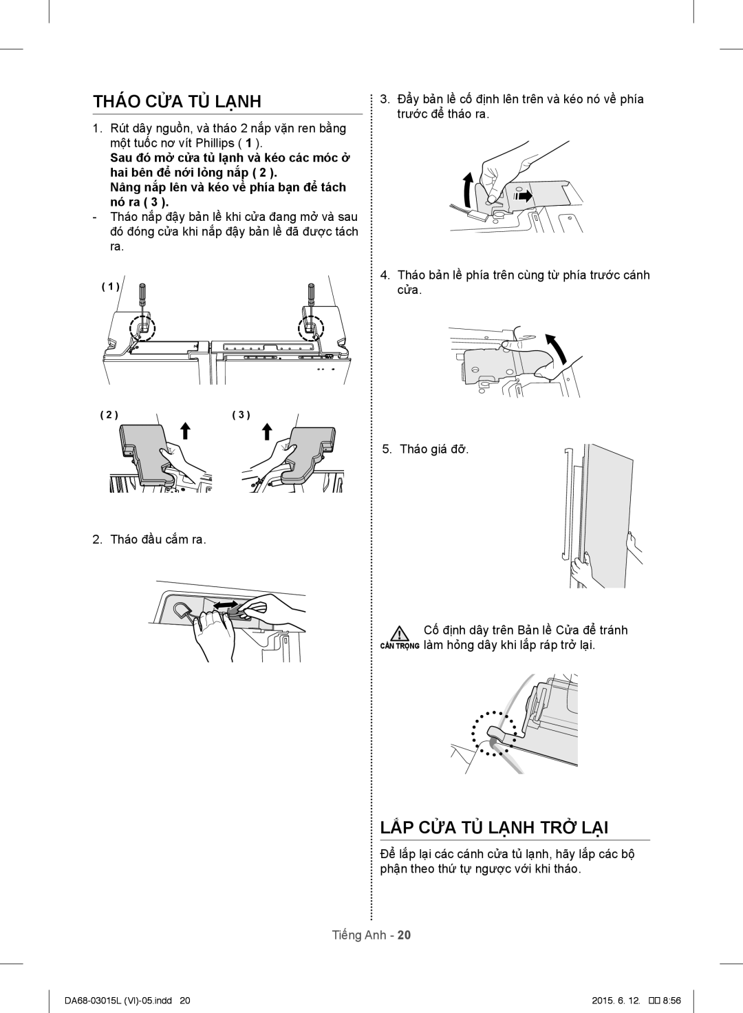 Samsung RH60H8130WZ/SV, RH57H90507H/SV, RH57H80307H/SV manual Tháo CỬA TỦ Lạnh, LẮP CỬA TỦ Lạnh TRỞ LẠI 