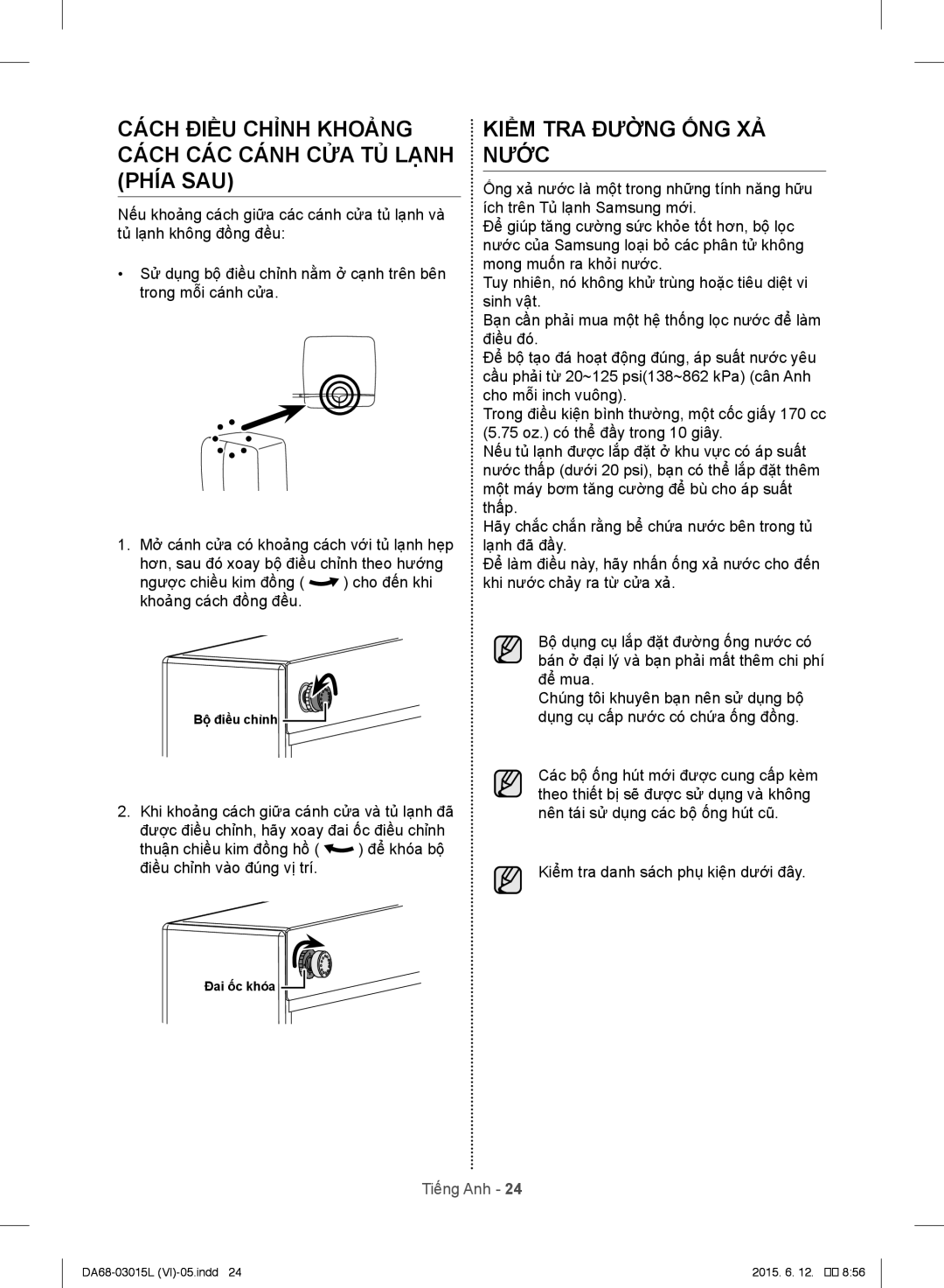 Samsung RH57H90507H/SV manual Cách Điều Chỉnh Khoảng Cách CÁC Cánh CỬA TỦ Lạnh Phía SAU, Kiểm TRA Đường ỐNG XẢ Nước 