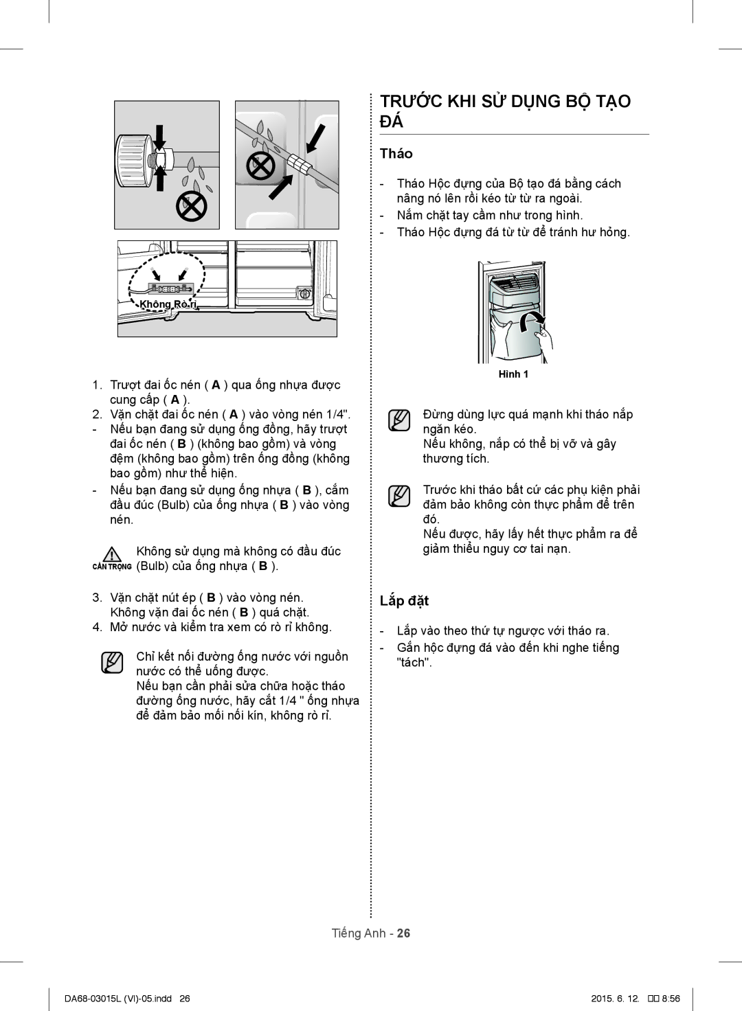 Samsung RH60H8130WZ/SV, RH57H90507H/SV, RH57H80307H/SV manual Trước KHI SỬ Dụng BỘ TẠO ĐÁ, Tháo, Lắp đặt 