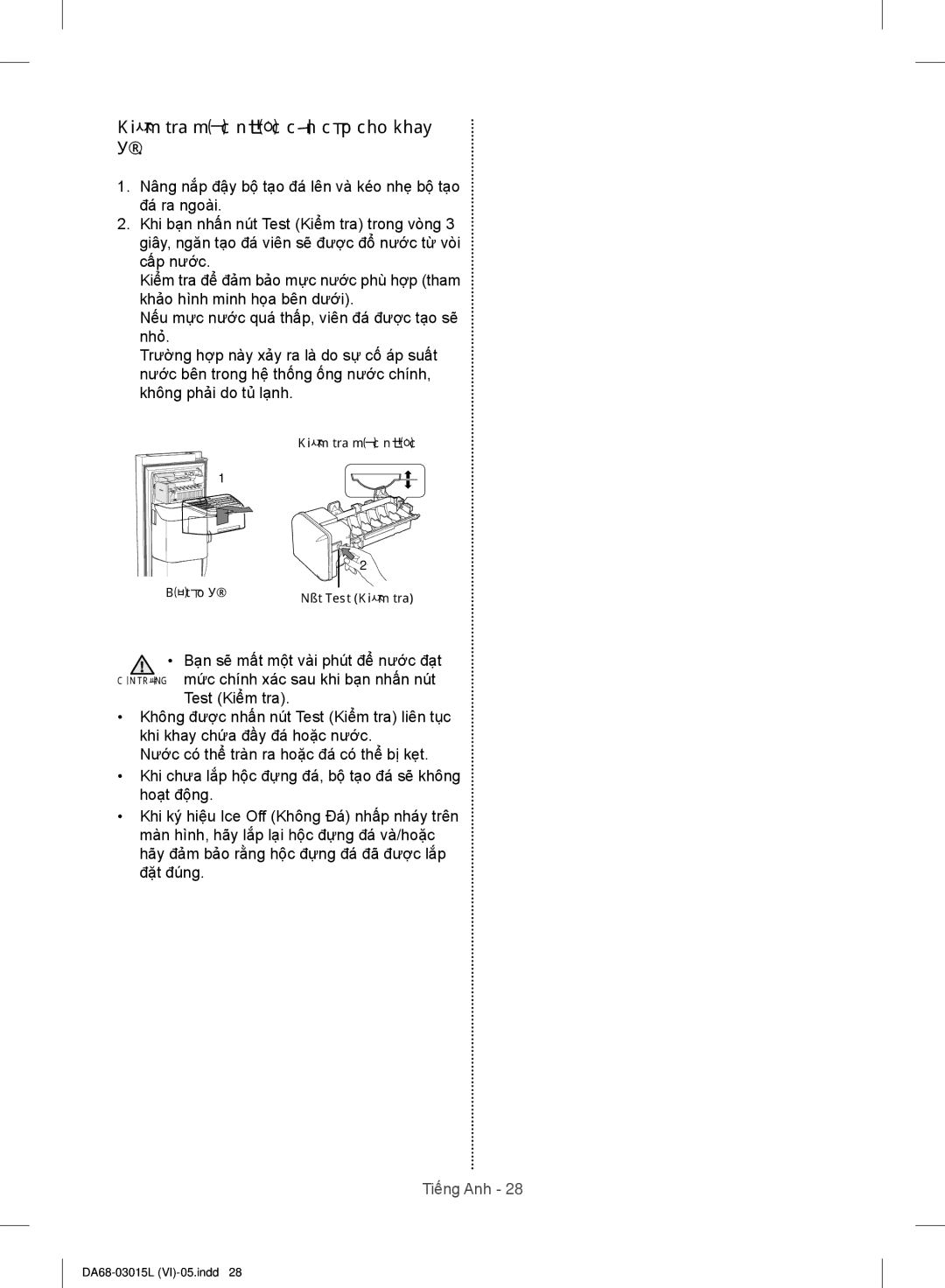 Samsung RH57H80307H/SV, RH57H90507H/SV, RH60H8130WZ/SV manual Kiểm tra mực nước cần cấp cho khay đá 