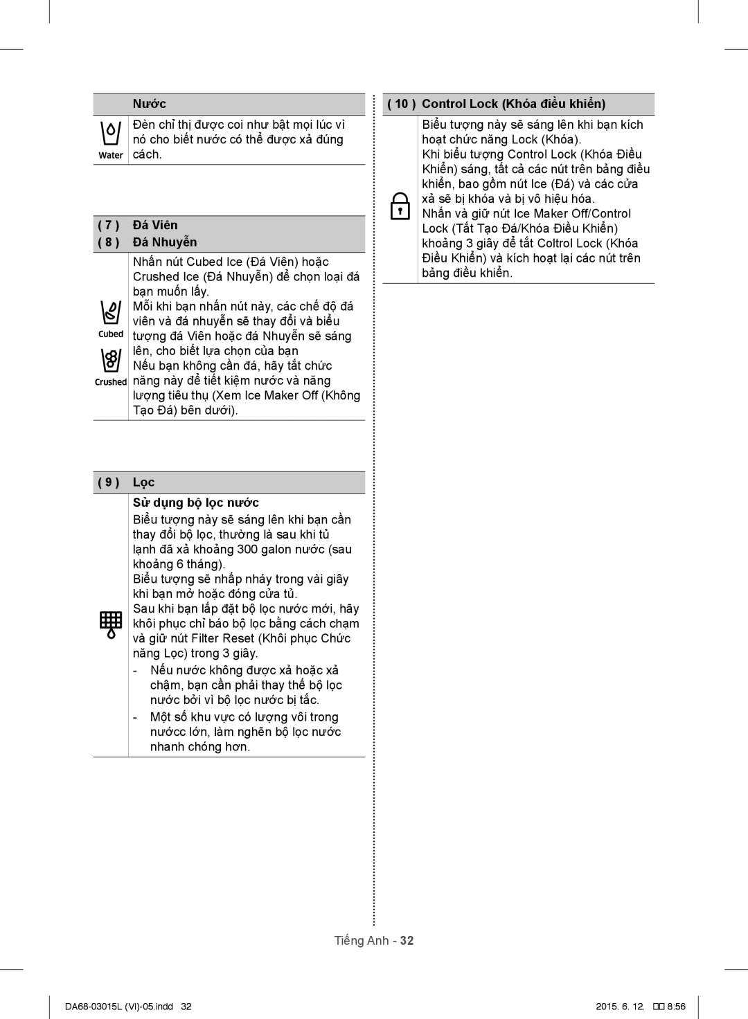 Samsung RH60H8130WZ/SV, RH57H90507H/SV manual Nước, Đá Viên Đá Nhuyễn, Lọc Sử dụng bộ lọc nước, Control Lock Khóa điều khiển 