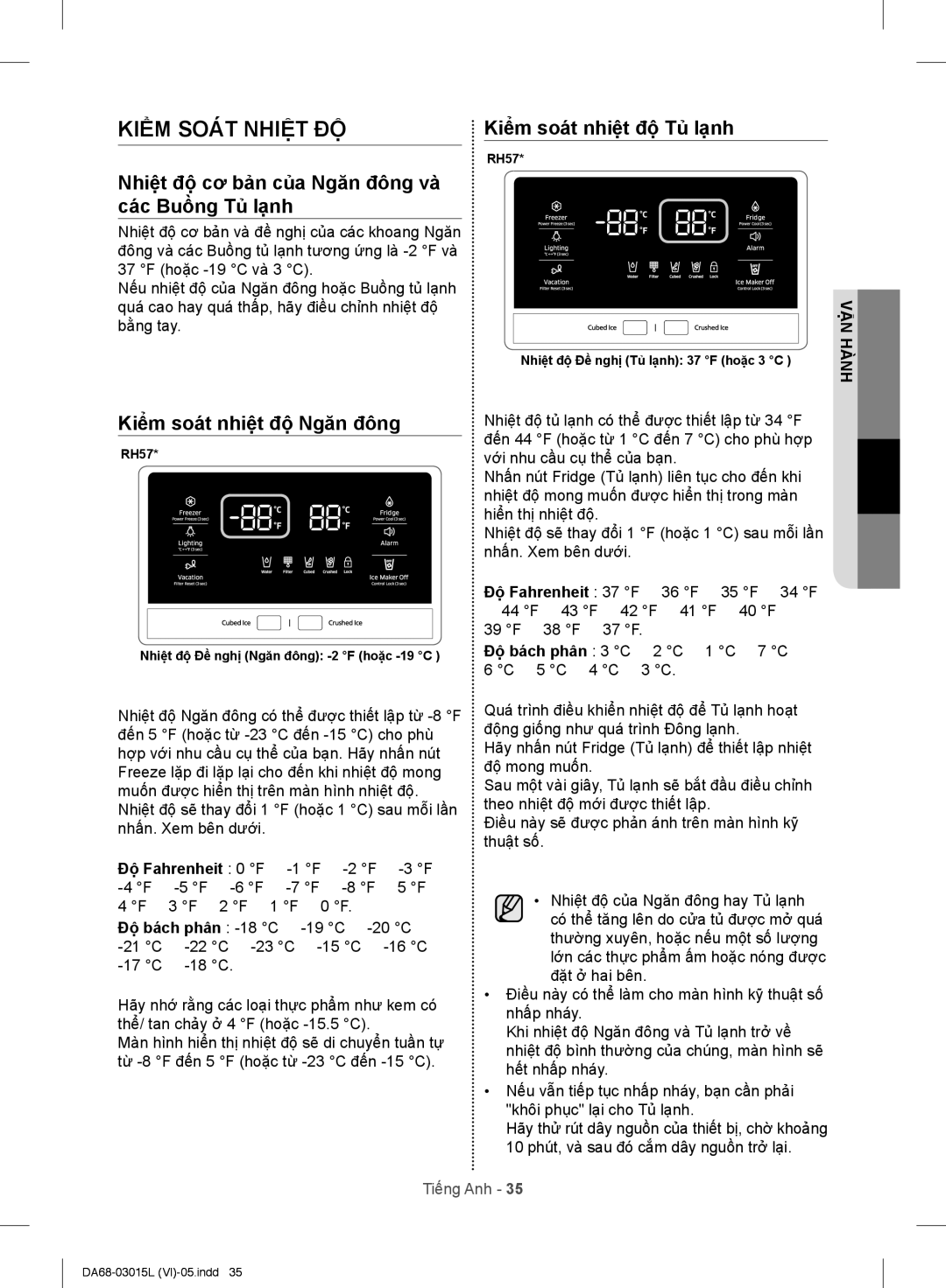 Samsung RH60H8130WZ/SV, RH57H90507H/SV manual Kiểm Soát Nhiệt ĐỘ, Nhiệt độ cơ bản của Ngăn đông và các Buồng Tủ lạnh 