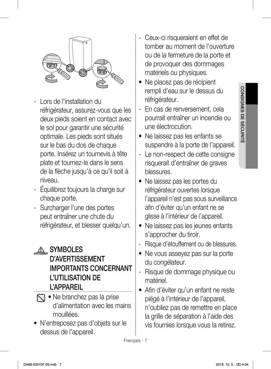 Samsung RH57H90607F/EG manual Équilibrez toujours la charge sur chaque porte, Risque d’étouffement ou de blessures 