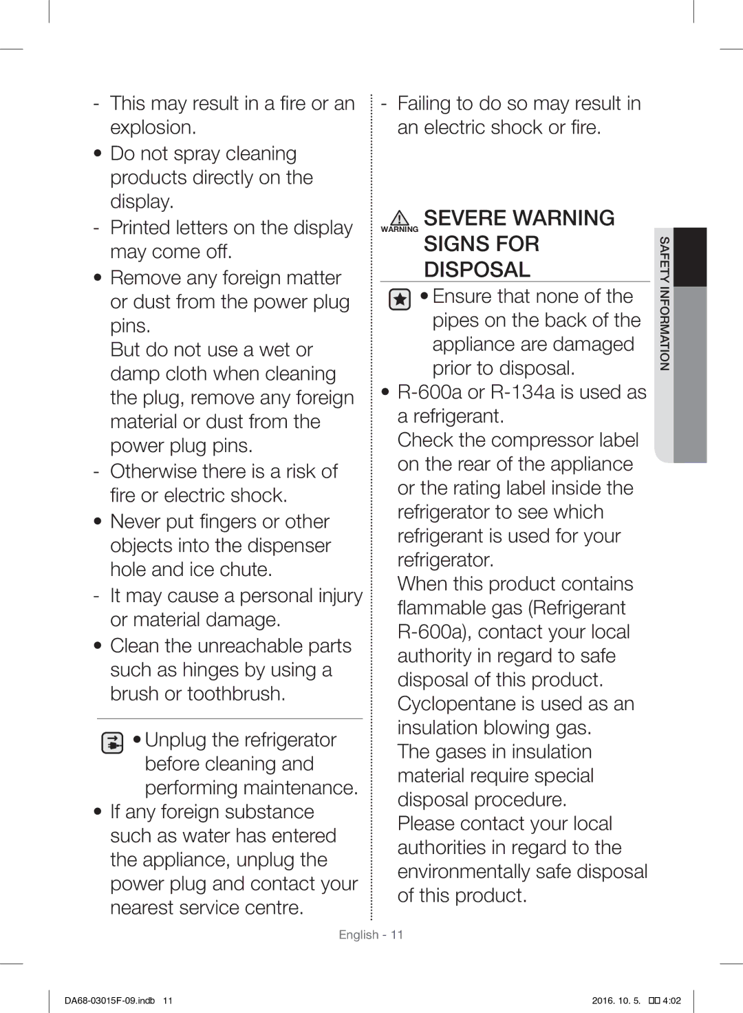 Samsung RH57H90607F/EG, RH57H90607F/WS manual Severe Warning Warning Signs for Disposal 