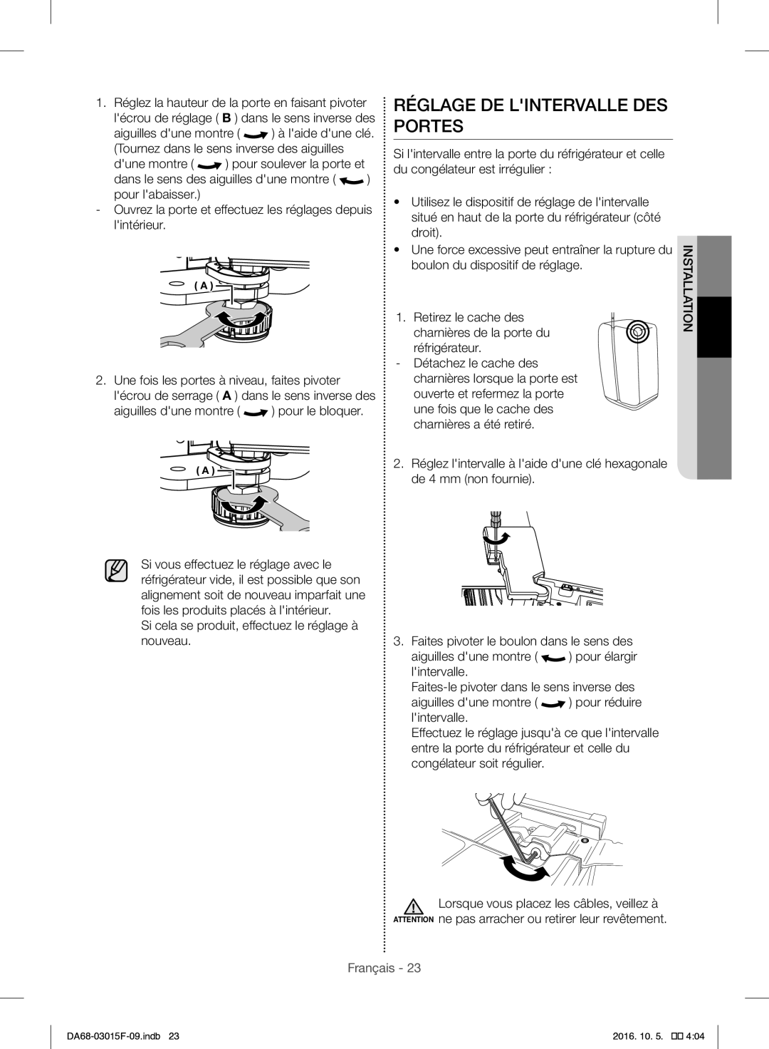 Samsung RH57H90607F/EG, RH57H90607F/WS manual Réglage DE Lintervalle DES Portes, Aiguilles dune montre pour le bloquer 