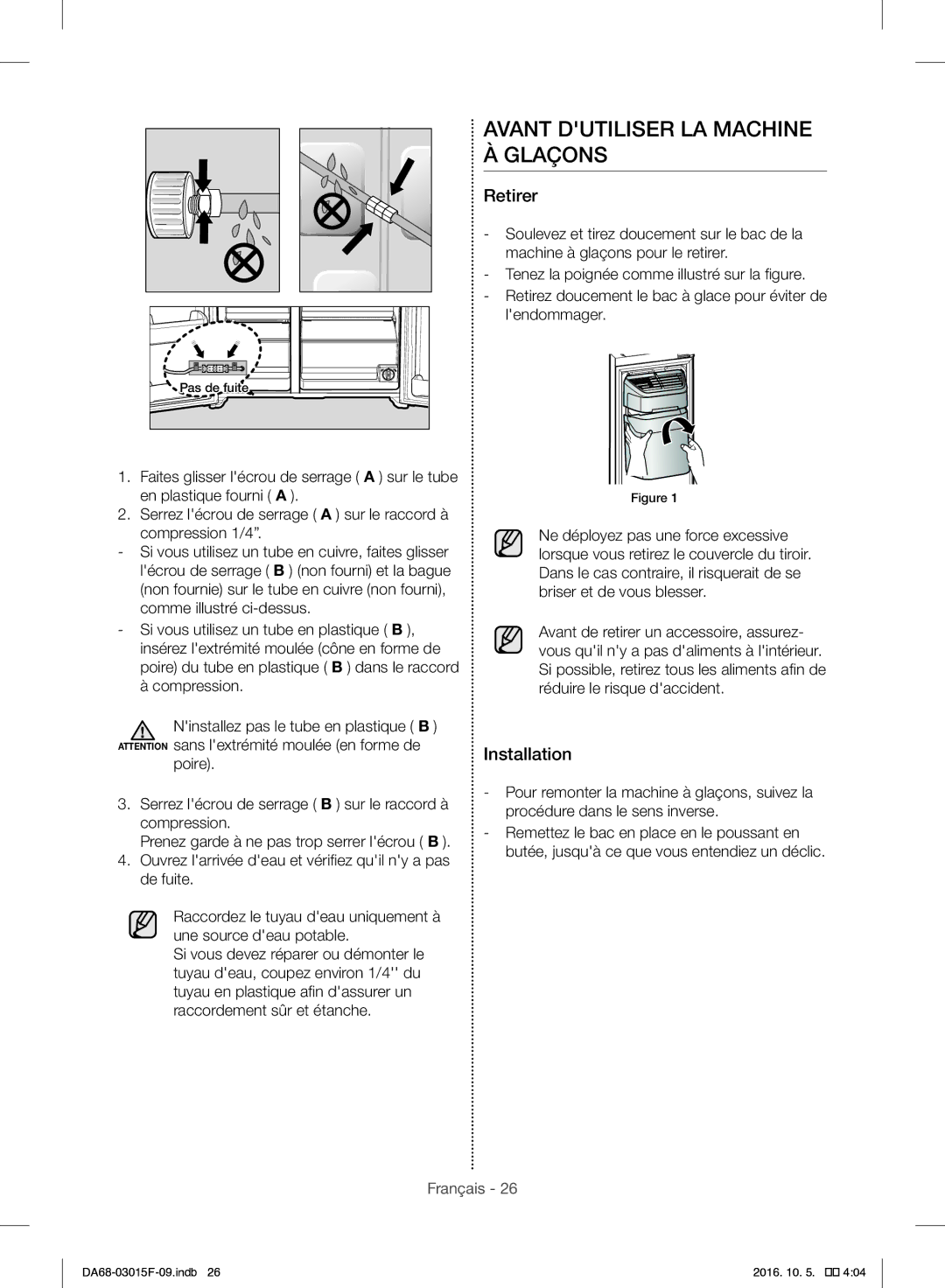 Samsung RH57H90607F/WS, RH57H90607F/EG manual Avant Dutiliser LA Machine À Glaçons, Retirer, Installation 