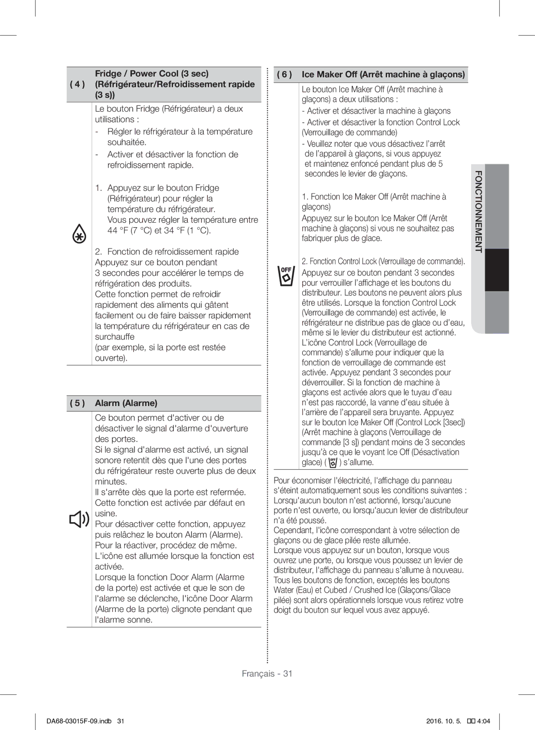 Samsung RH57H90607F/EG, RH57H90607F/WS manual Alarm Alarme, Veuillez noter que vous désactivez l’arrêt 