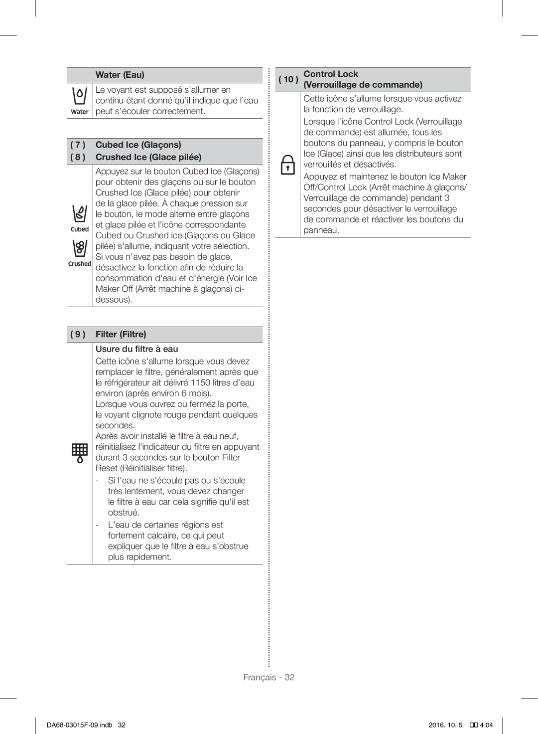 Samsung RH57H90607F/WS manual Water Eau Control Lock Verrouillage de commande, Cubed Ice Glaçons, Crushed Ice Glace pilée 