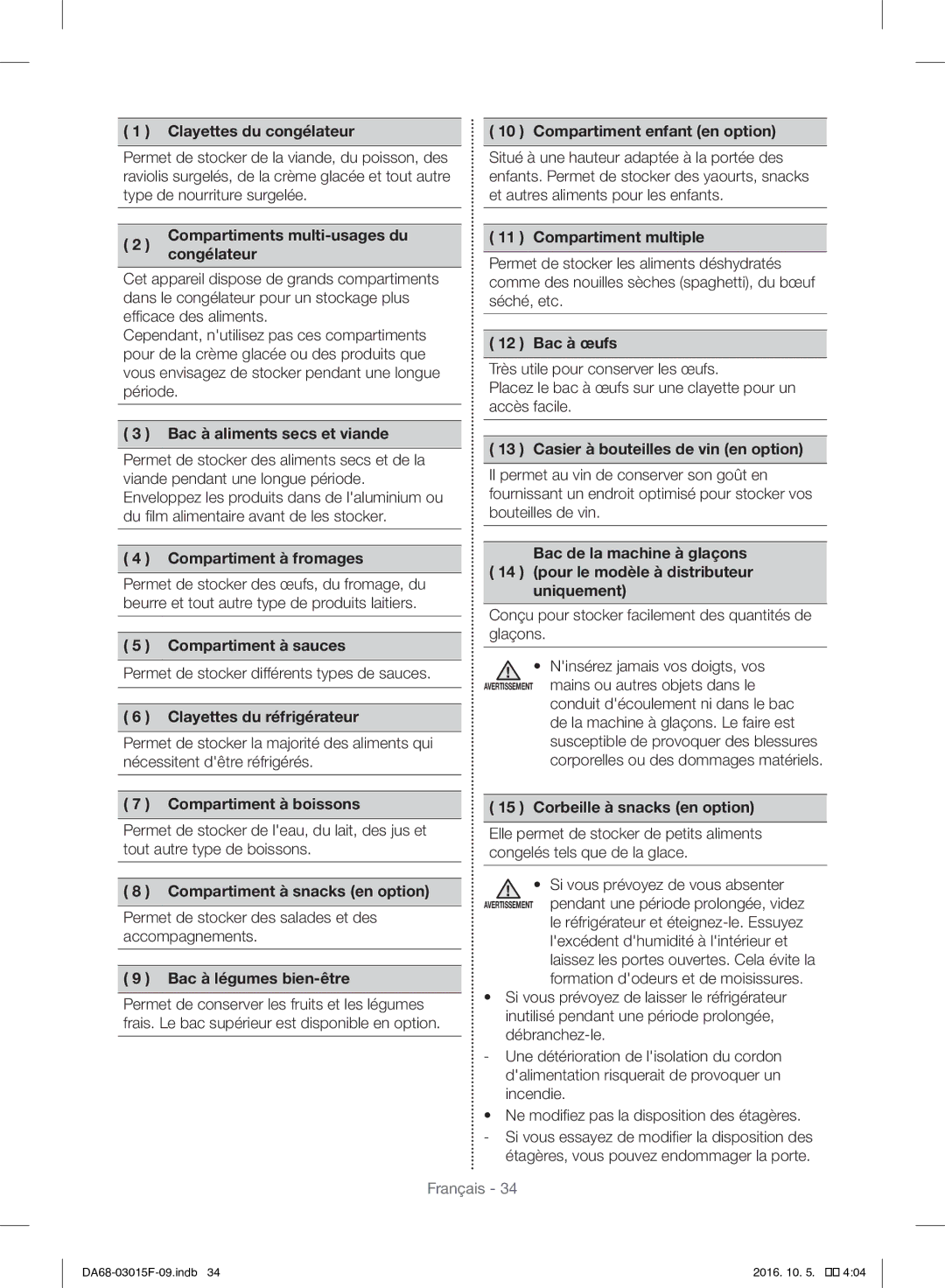 Samsung RH57H90607F/WS Clayettes du congélateur, Compartiment enfant en option, Compartiments multi-usages du, Congélateur 