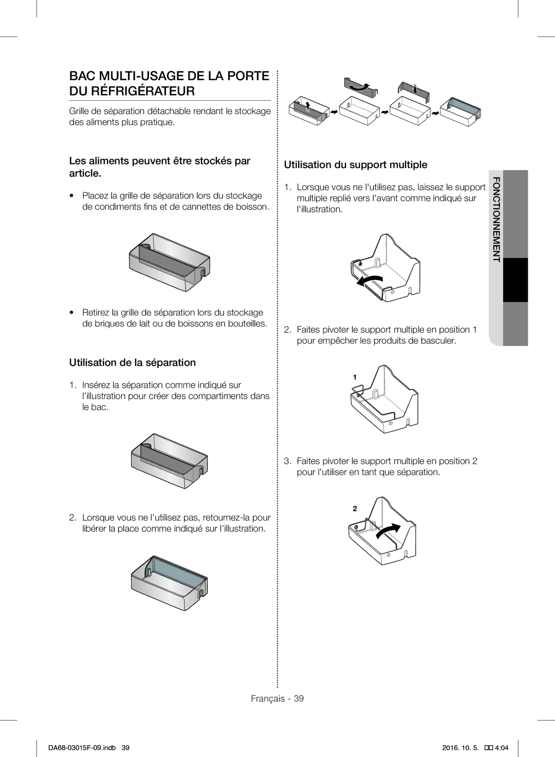 Samsung RH57H90607F/EG manual BAC MULTI-USAGE DE LA Porte DU Réfrigérateur, Les aliments peuvent être stockés par article 