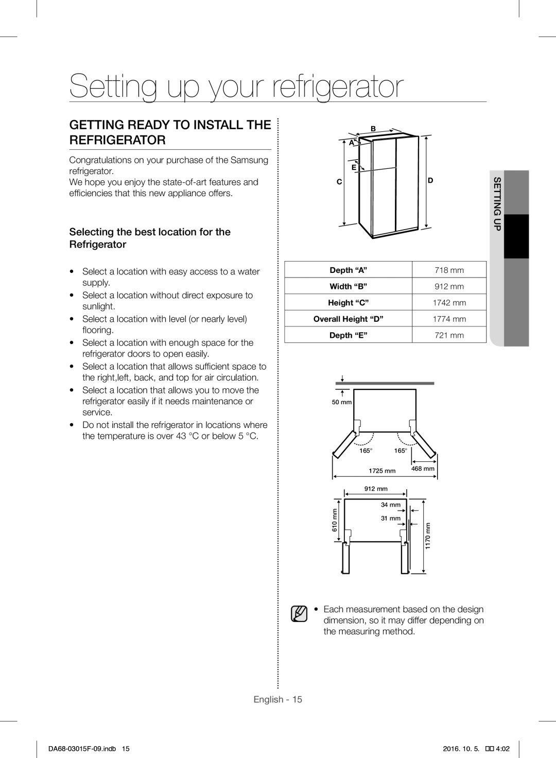 Samsung RH57H90607F/EG, RH57H90607F/WS manual Setting up your refrigerator, Getting Ready to Install the Refrigerator 