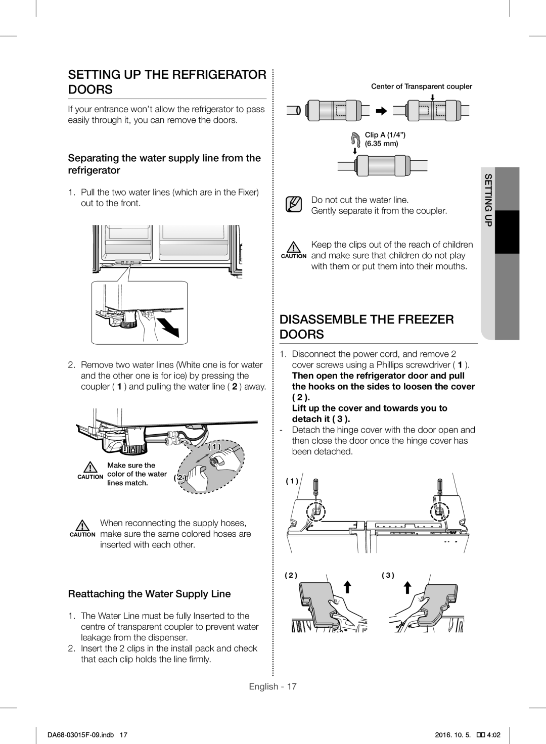 Samsung RH57H90607F/EG Setting UP the Refrigerator Doors, Disassemble the Freezer Doors, Reattaching the Water Supply Line 