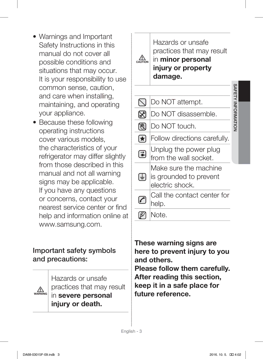 Samsung RH57H90607F/EG, RH57H90607F/WS manual Minor personal Injury or property 