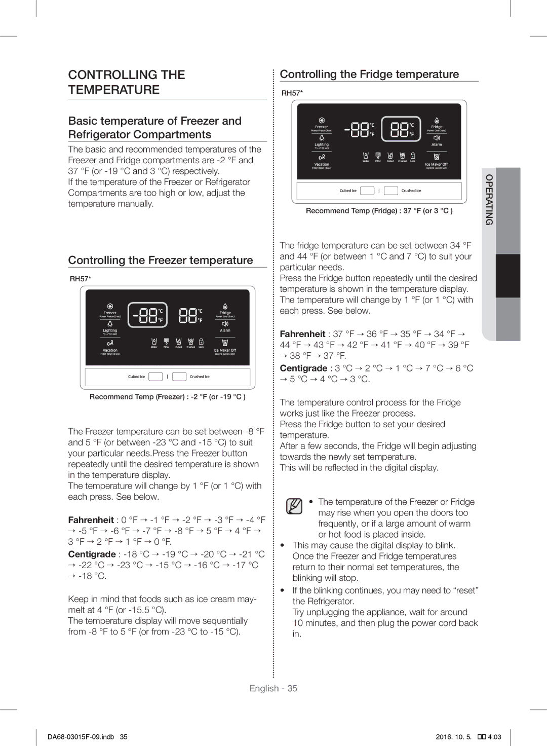 Samsung RH57H90607F/EG, RH57H90607F/WS Controlling Temperature, Basic temperature of Freezer and Refrigerator Compartments 