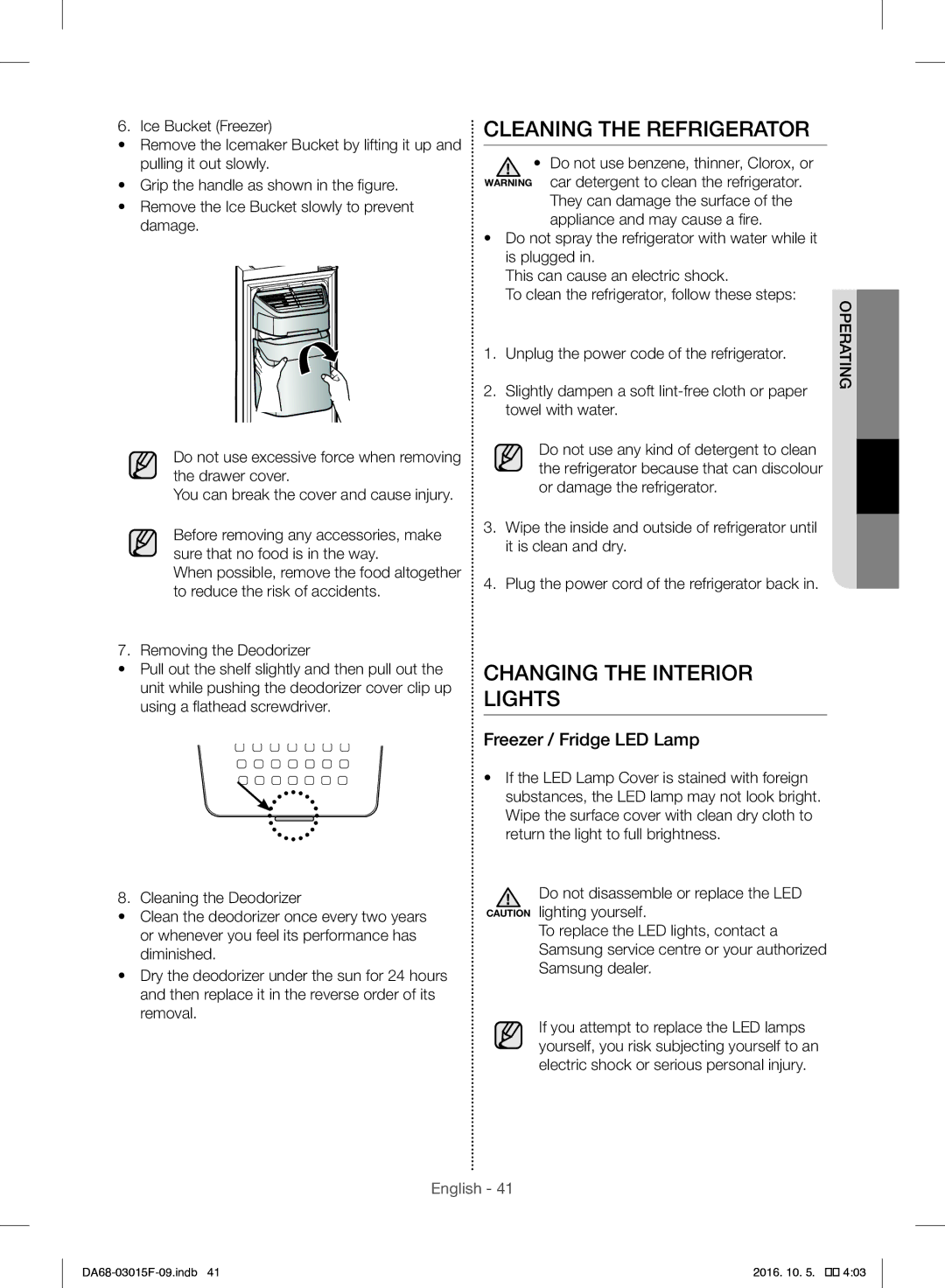 Samsung RH57H90607F/EG, RH57H90607F/WS Cleaning the Refrigerator, Changing the Interior Lights, Freezer / Fridge LED Lamp 