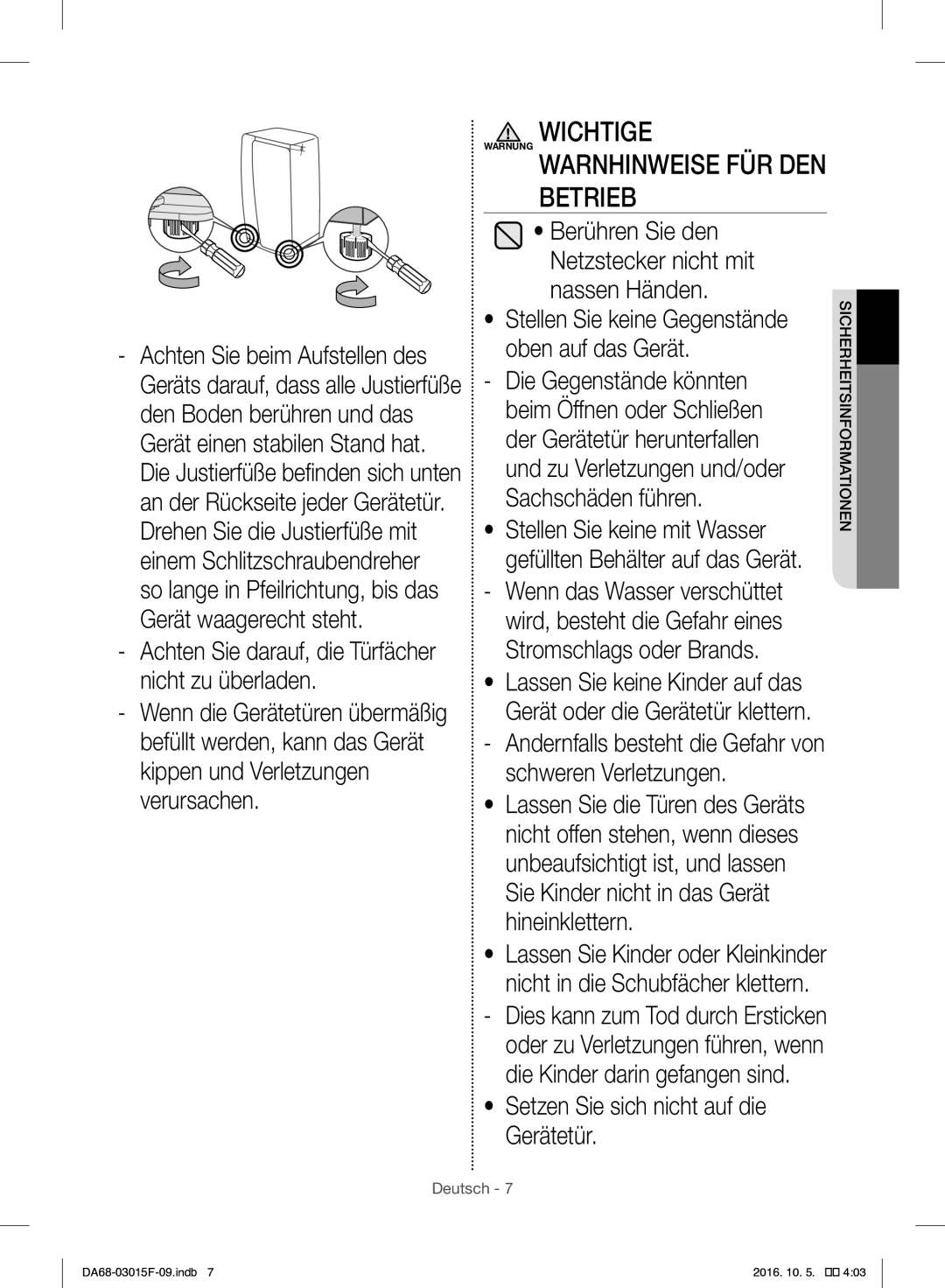 Samsung RH57H90607F/EG Wichtige Warnung Warnhinweise FÜR DEN Betrieb, Berühren Sie den Netzstecker nicht mit nassen Händen 