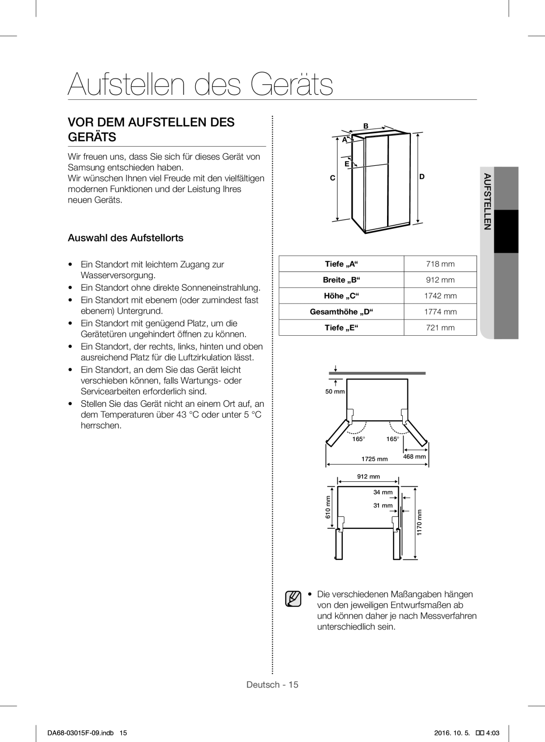 Samsung RH57H90607F/EG, RH57H90607F/WS manual Aufstellen des Geräts, VOR DEM Aufstellen DES Geräts, Auswahl des Aufstellorts 