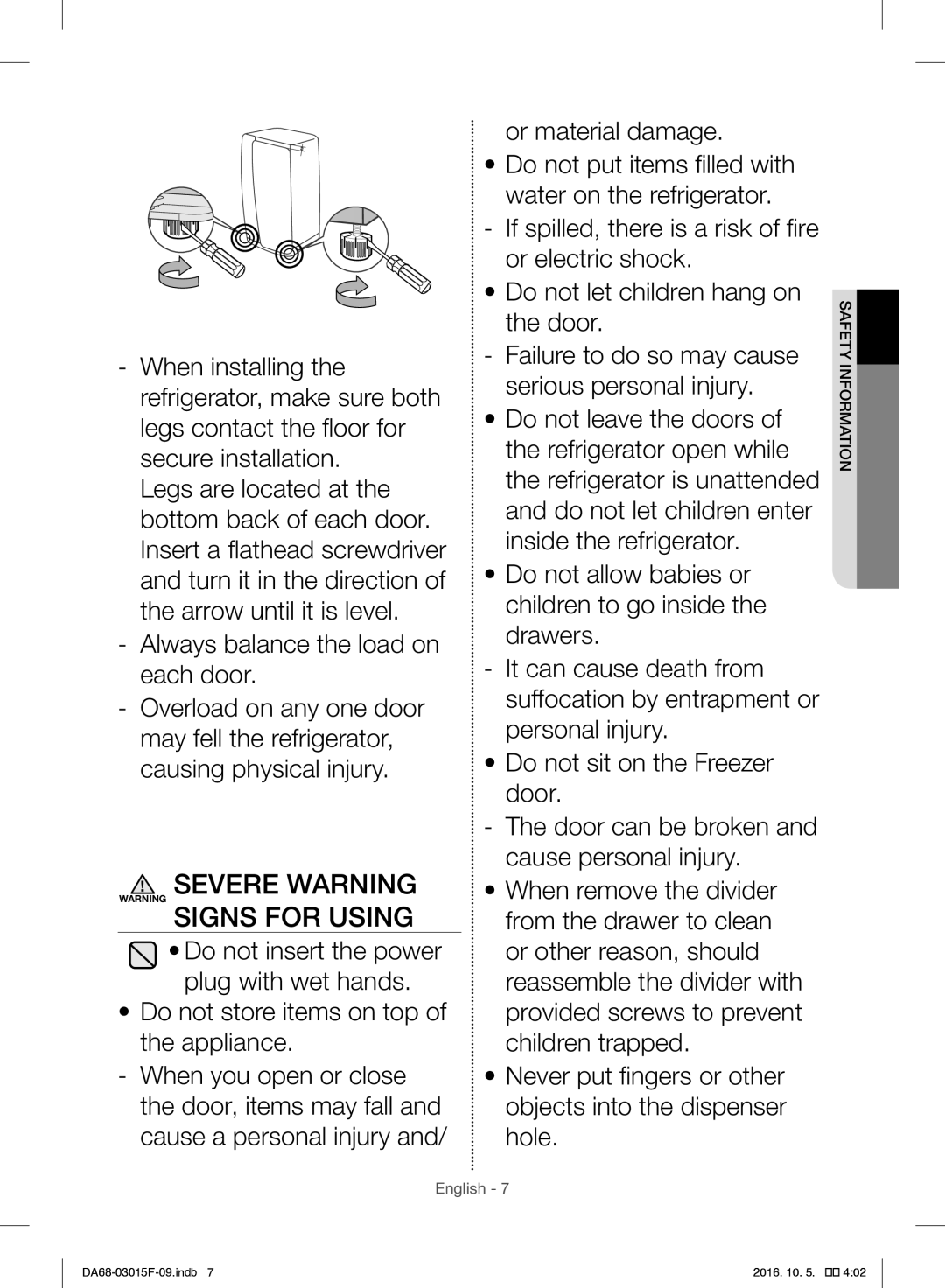 Samsung RH57H90607F/EG, RH57H90607F/WS manual Severe Warning Warning Signs for Using 