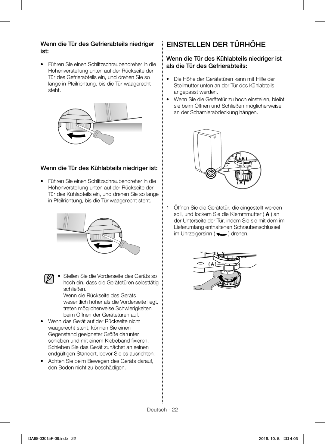 Samsung RH57H90607F/WS, RH57H90607F/EG manual Einstellen DER Türhöhe, Wenn die Tür des Gefrierabteils niedriger ist 