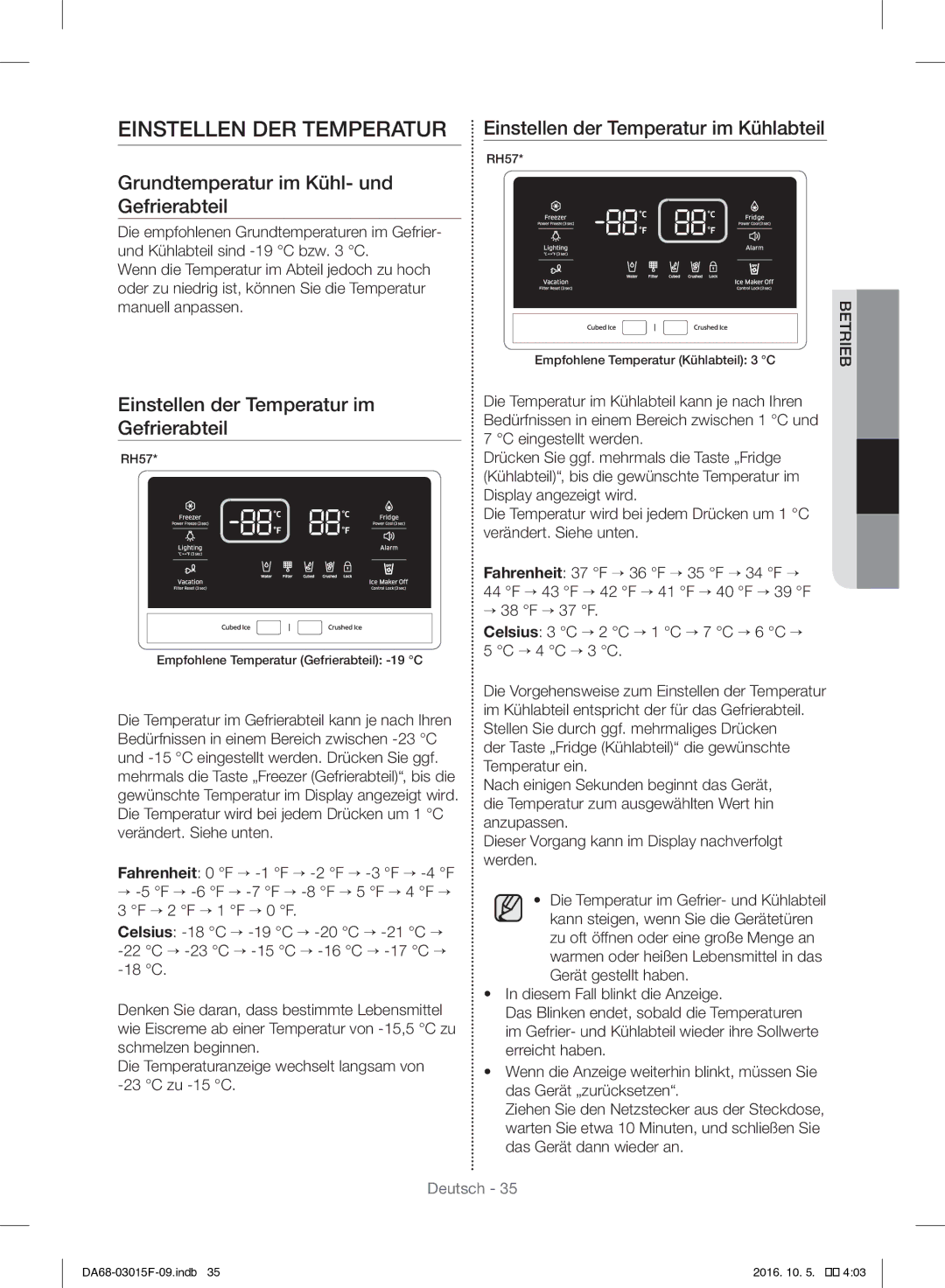 Samsung RH57H90607F/EG manual Grundtemperatur im Kühl- und Gefrierabteil, Einstellen der Temperatur im Gefrierabteil 